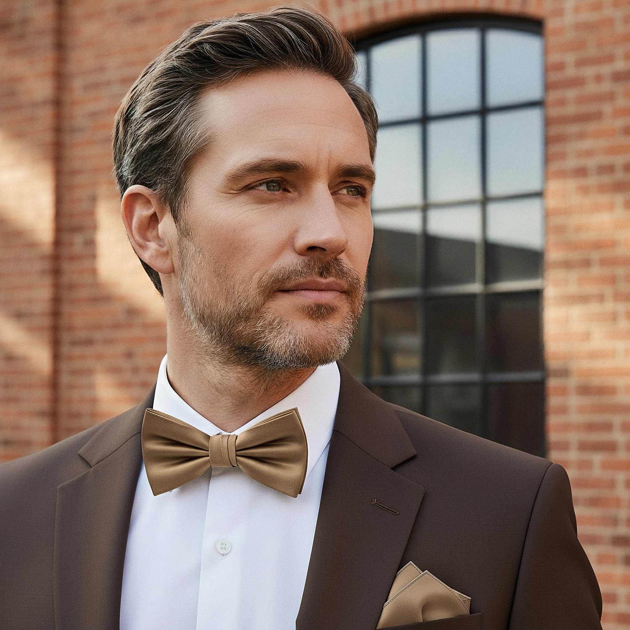 Tan Pre-Tied Satin Bow Tie - 3