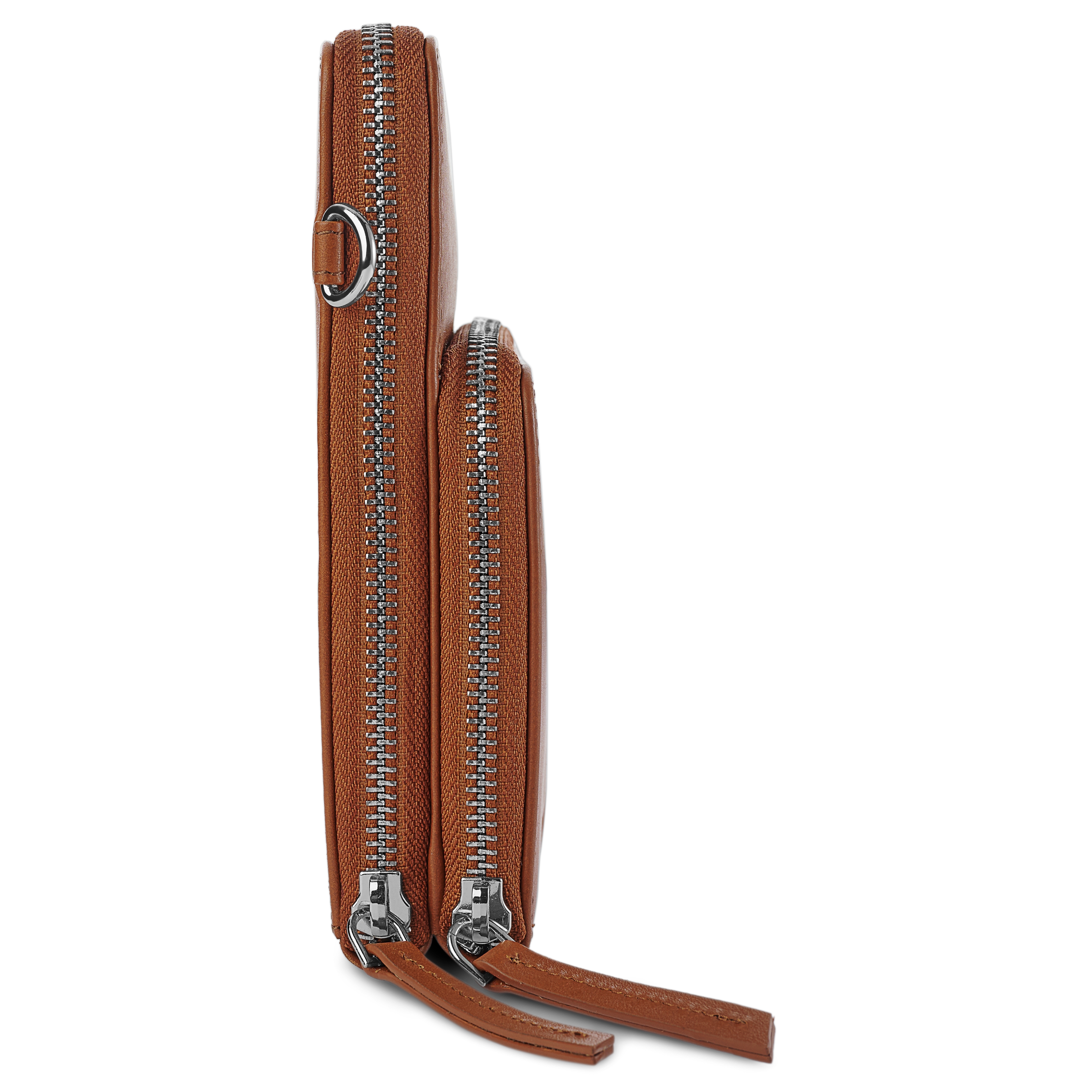 Кожена чантичка за телефон с джоб за портфейл в цвят коняк - 3