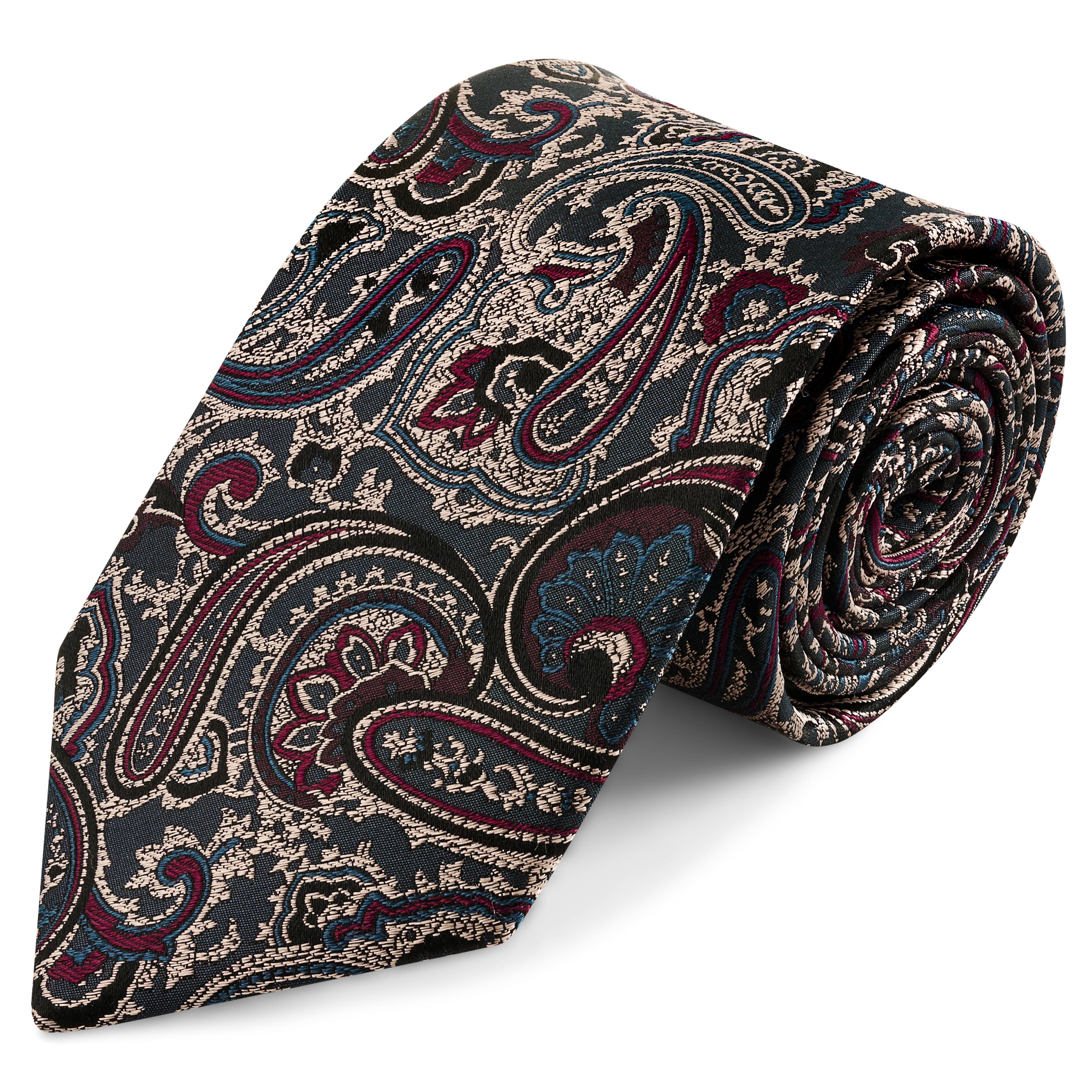 Ciemnoniebieski i ciemnozielony jedwabny krawat we wzór paisley | 8 cm Ciemnoniebieski i ciemnozielony jedwabny krawat we wzór paisley | 8 cm