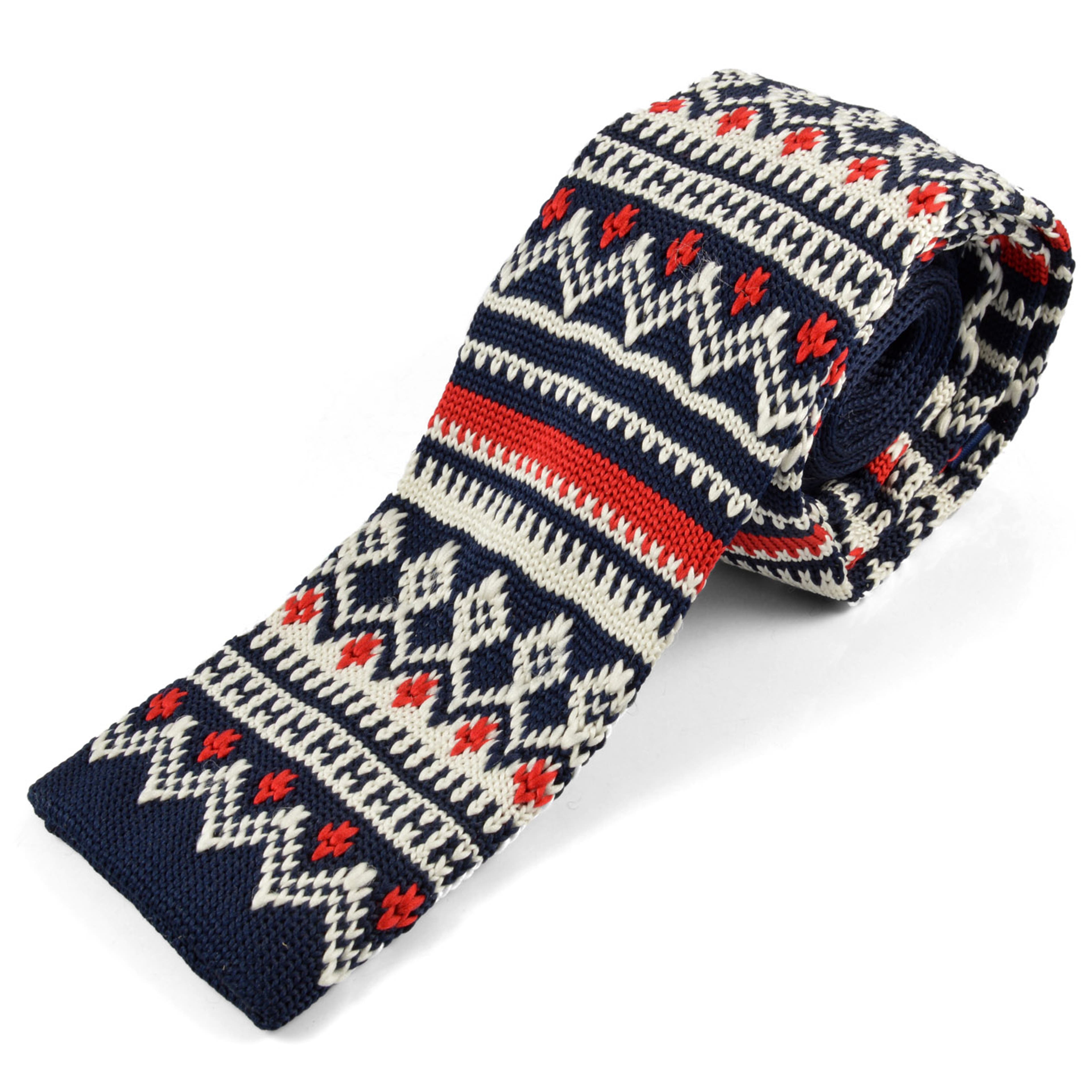 Blue, Red & White Winter Pattern Polyester Knitted Tie