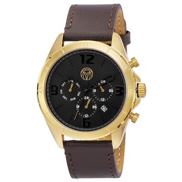 Alton | Gold-Tone Chronograph Watch With Black Dial & Chocolate Brown Leather Strap