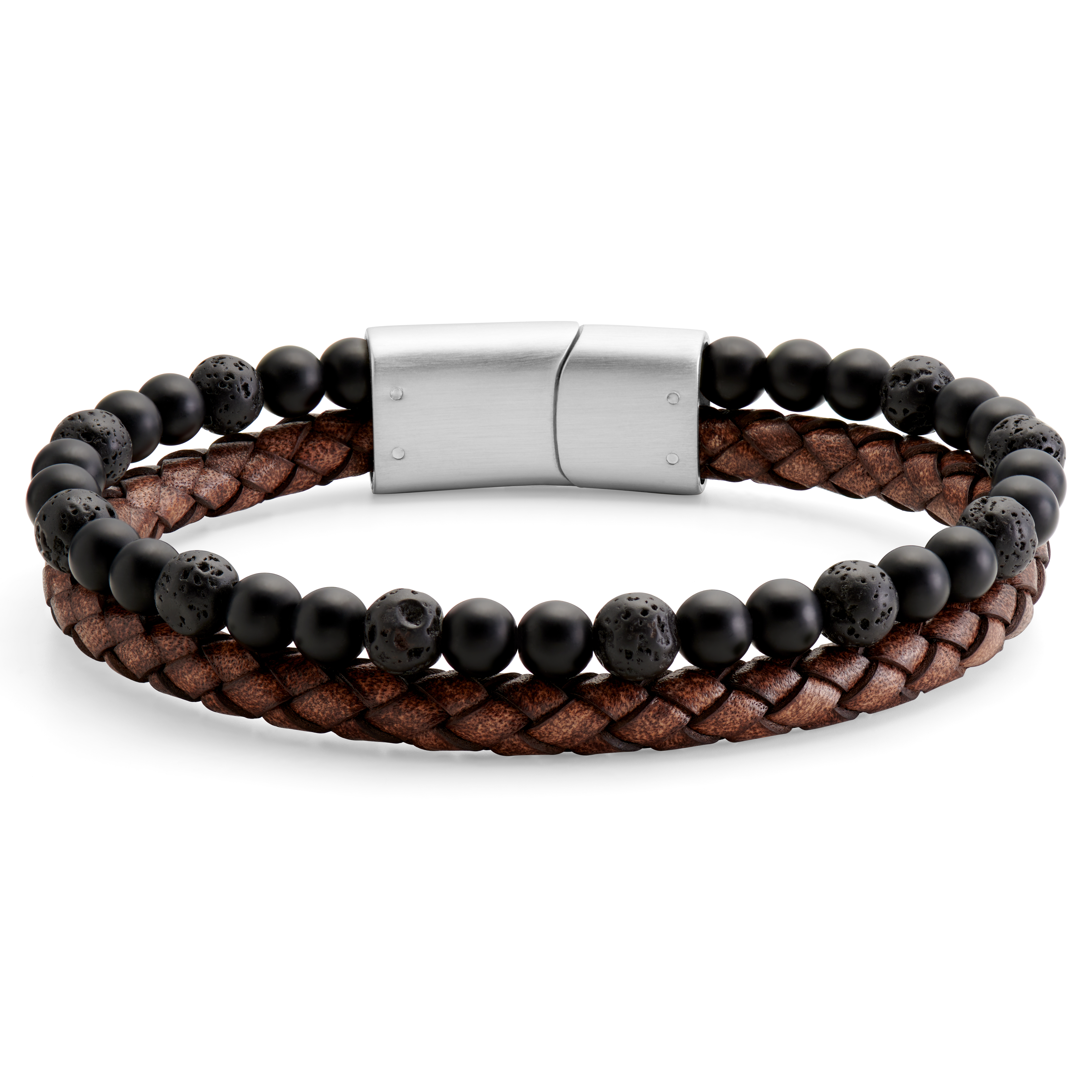 Lava Stone, Onyx, and Vintage Leather Icon Bracelet - Medium - 2