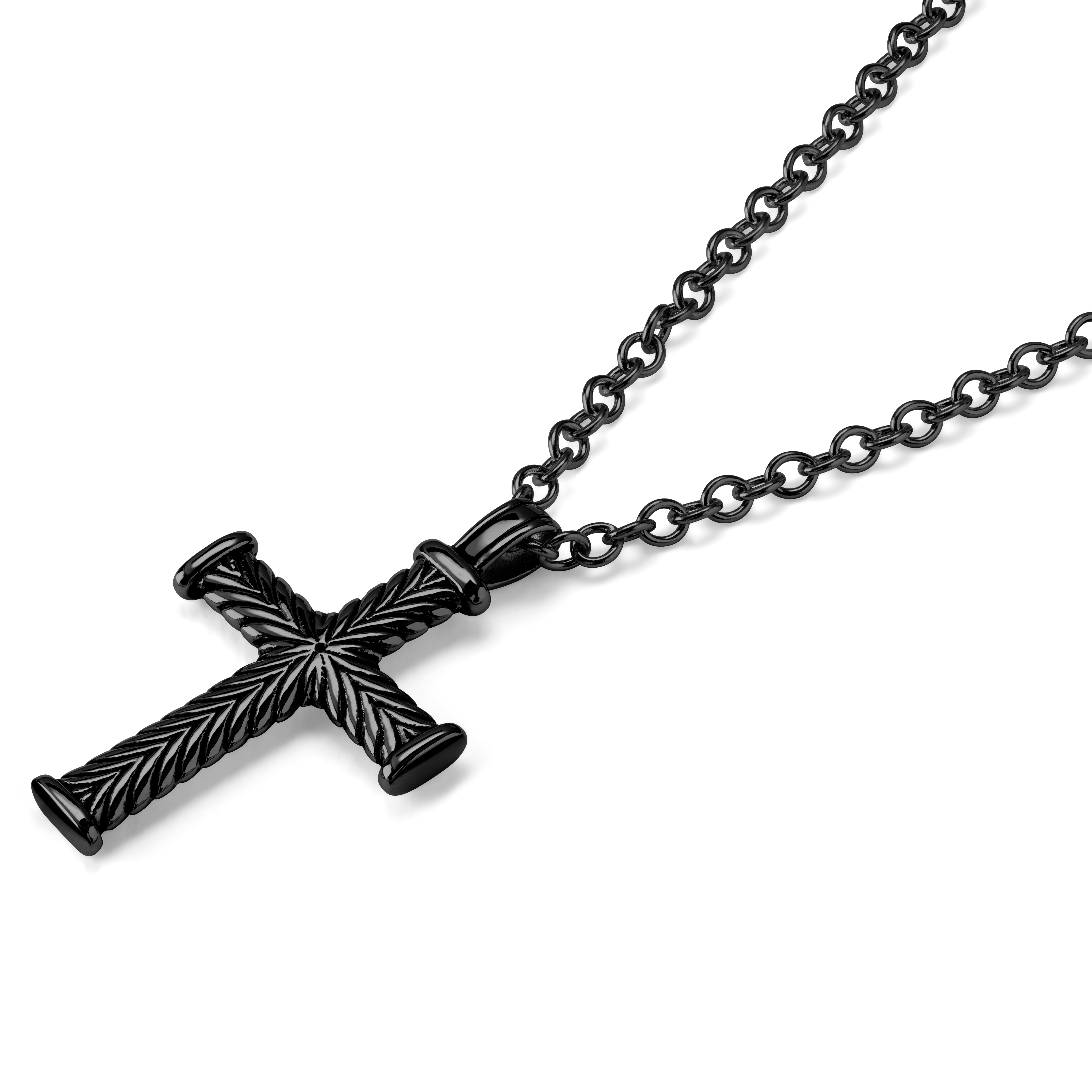 Black Cross Necklace with Leaf Design  - 2