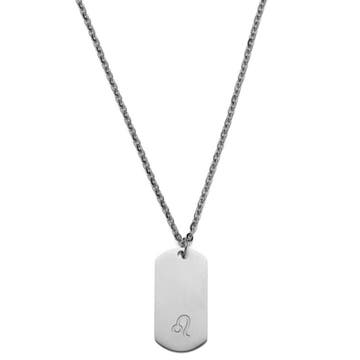 Zodiac | Silver-Tone Stainless Steel Leo Star Sign Dog Tag Cable Chain Necklace
