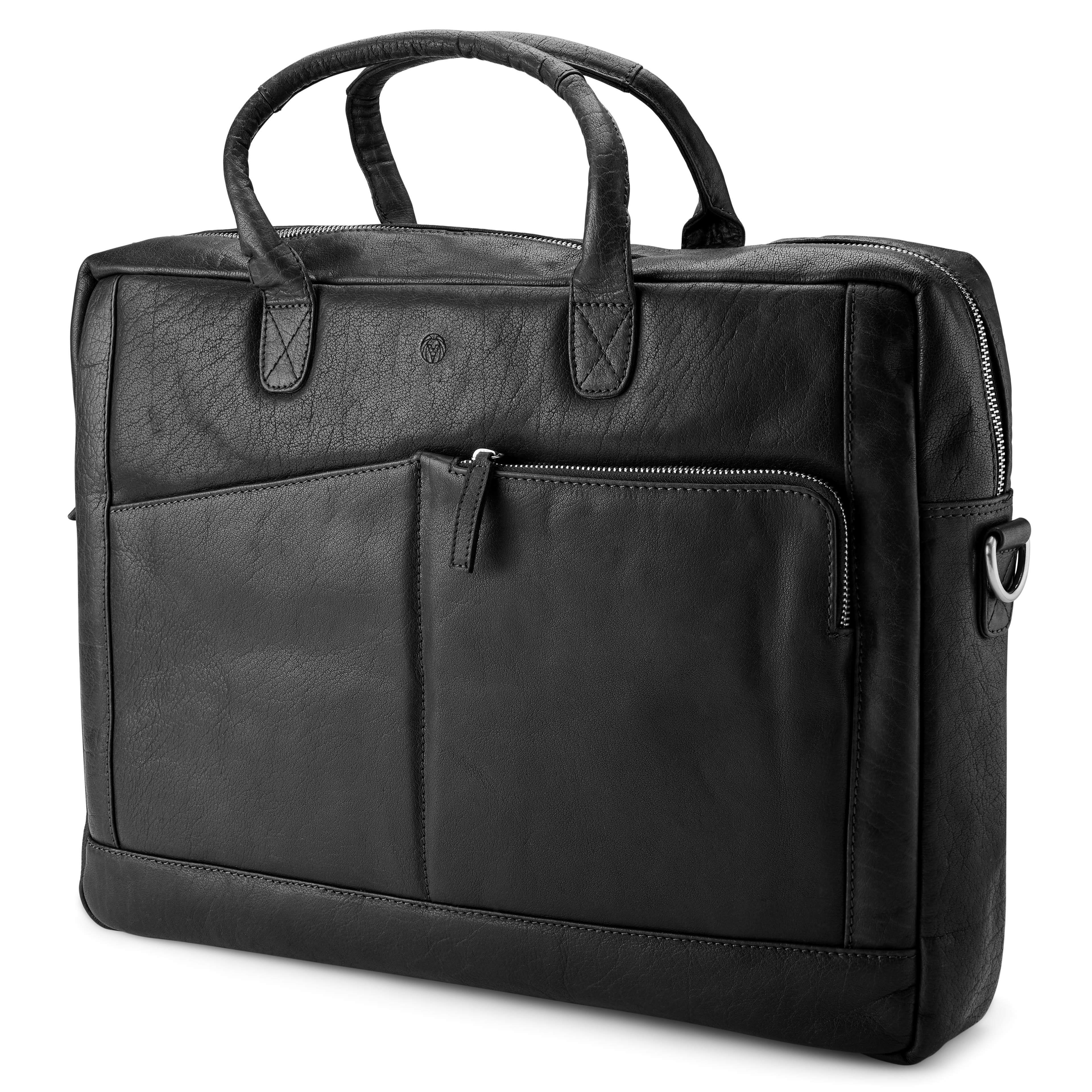 Montreal Classic Black Leather Laptop Bag 