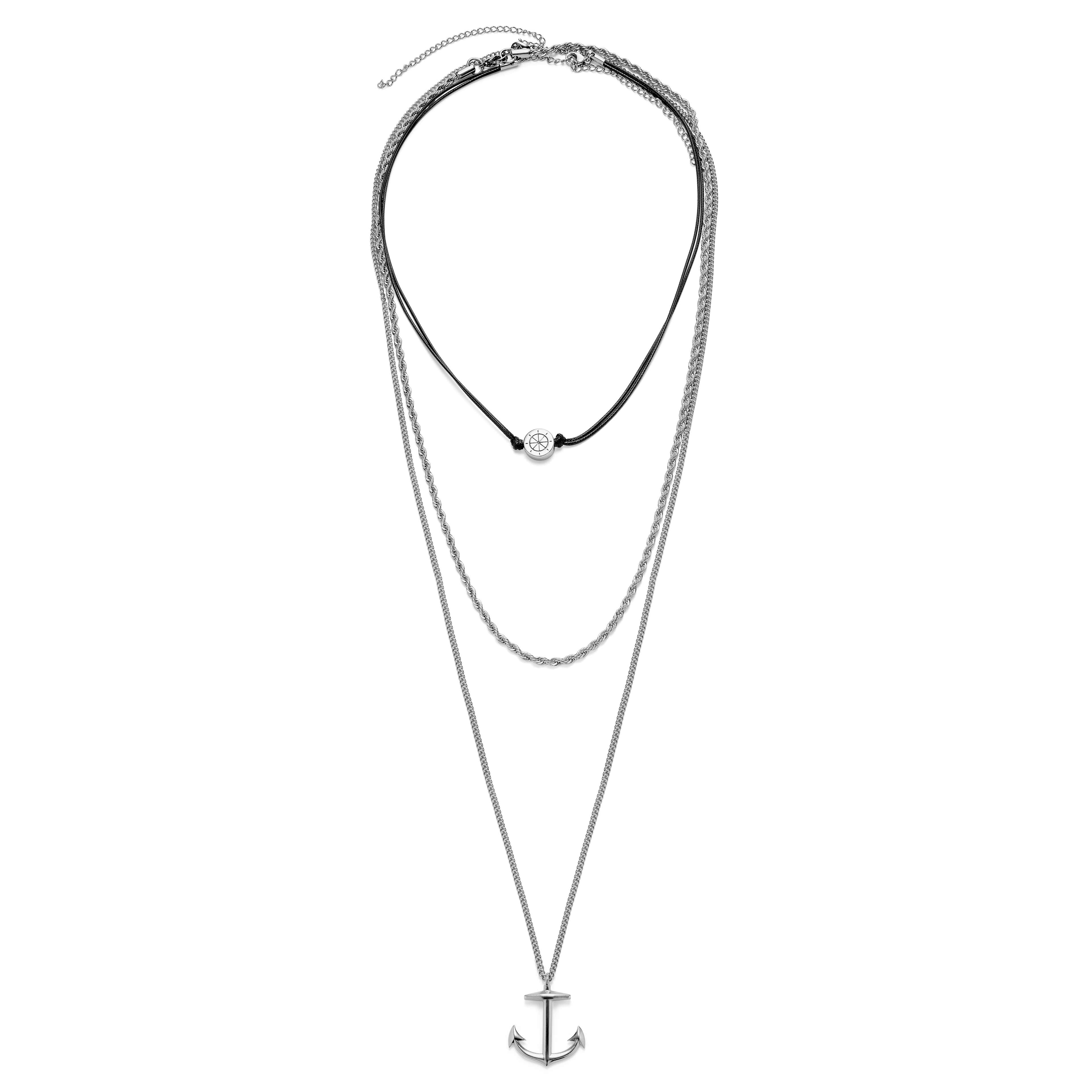 Navrstvený set - lanková retiazka, retiazka s kotvou a náhrdelník s kormidlom v striebornej farbe 