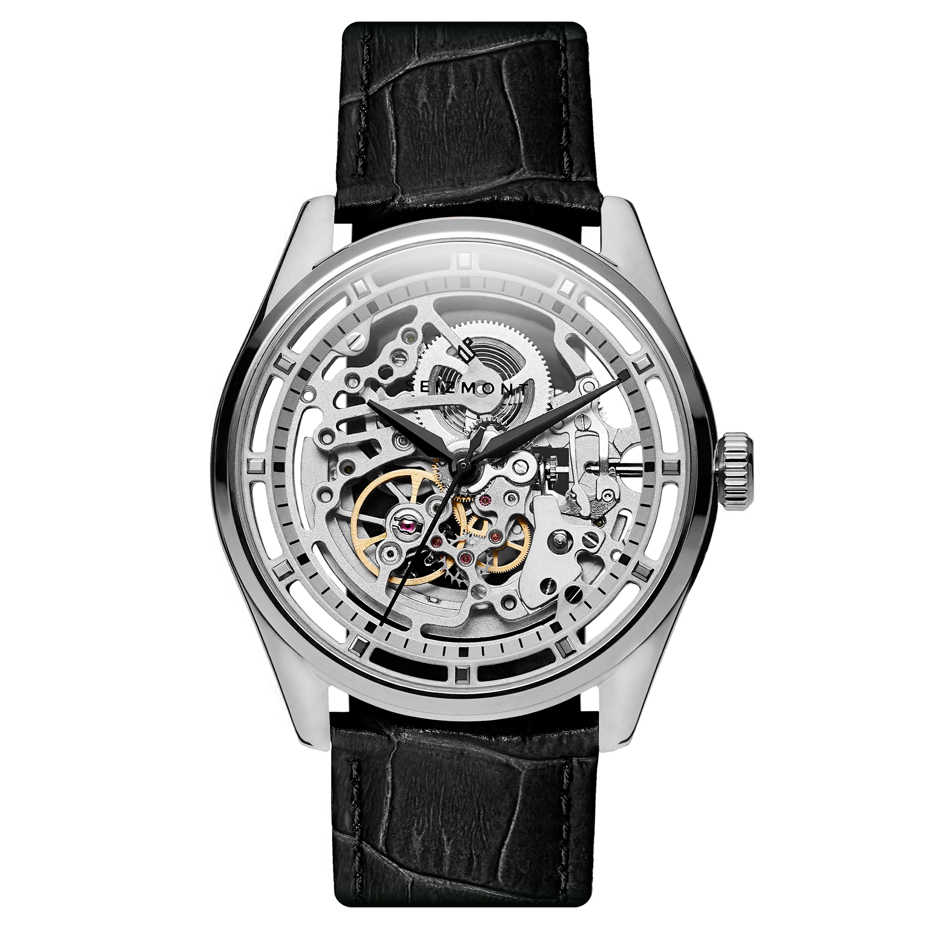 Motus | Silver-Tone Automatic Skeleton Watch With Black Leather Strap