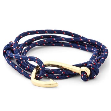 Bracelet L'hameçon doré à cordon bleu marine, blanc et rouge 