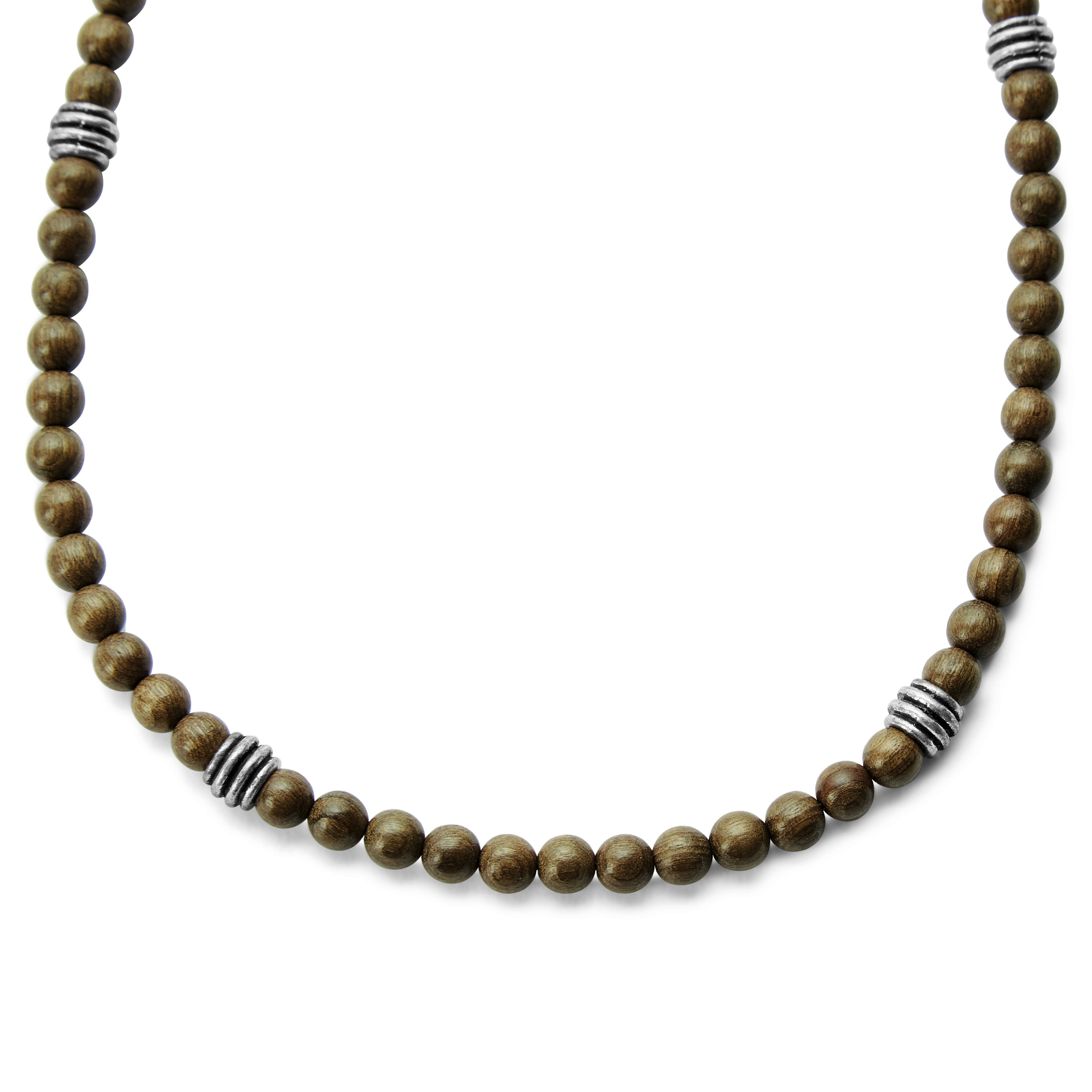 Wave  | Silver-Tone & Natural Wood Surfer Beaded Necklace