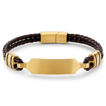 Nomen | Bracelet en cuir brun et plaque d'identification dorée