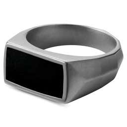 Jax | Black & Silver-Tone Stainless Steel With Black Enamel Signet Ring