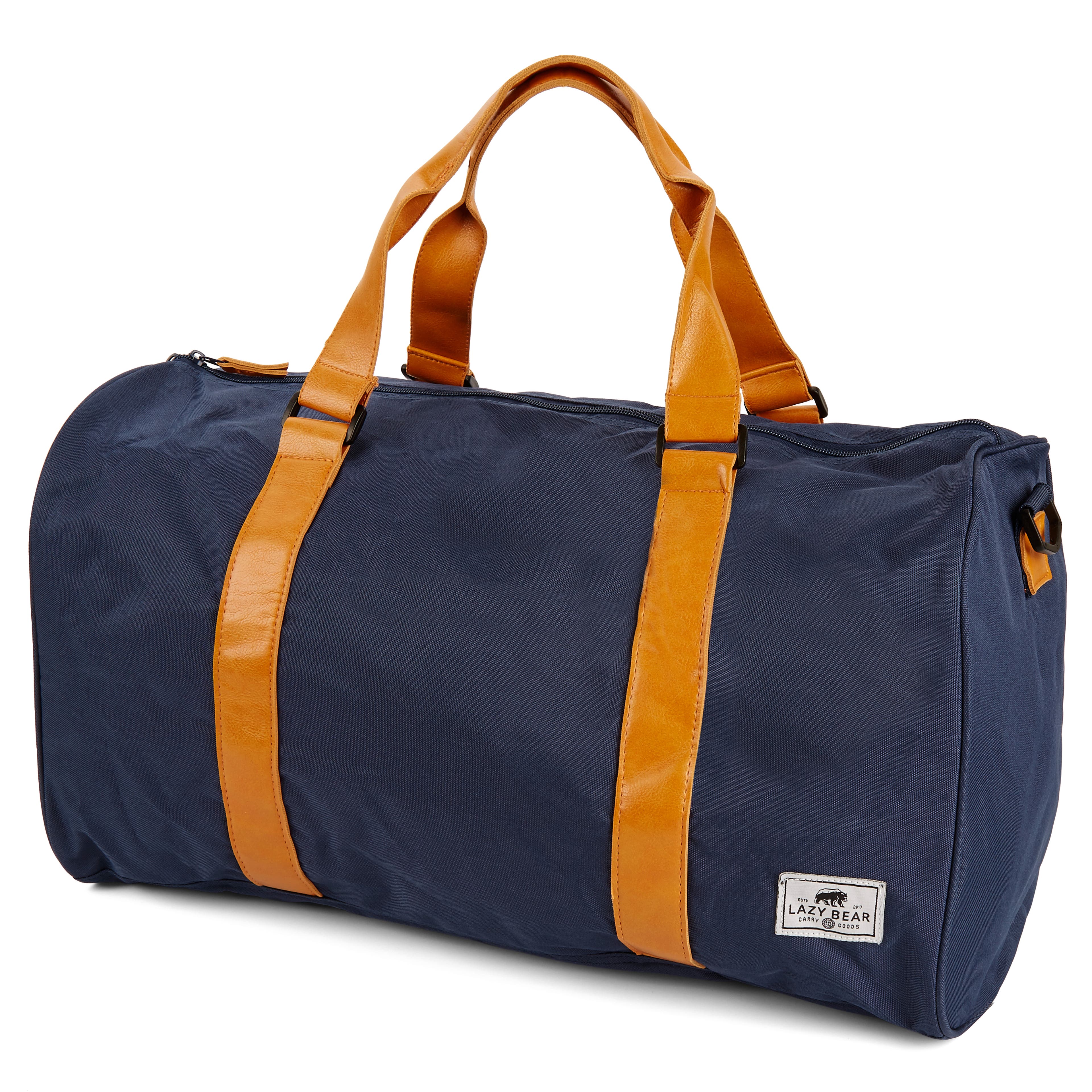 Lewis | Navy Blue Polyester & Tan Faux Leather Duffle Bag