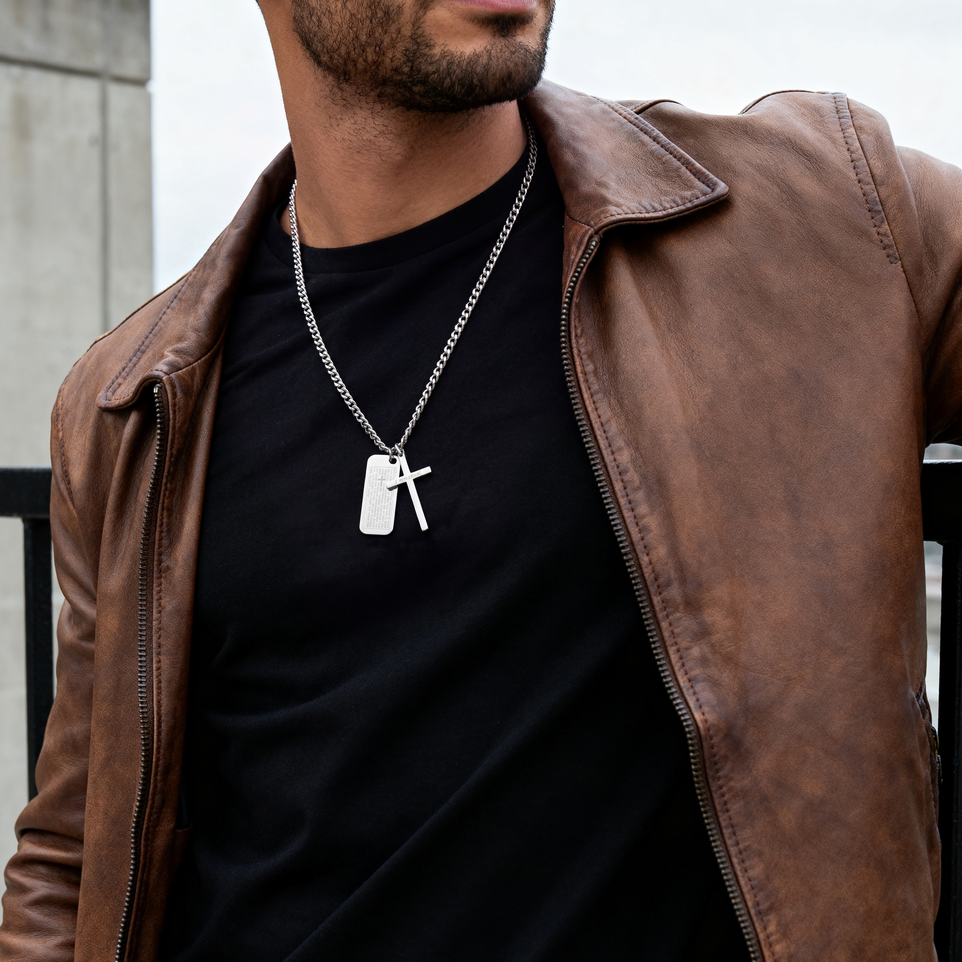 Icarus | Silver-Tone Stainless Steel Cross & Dog Tag Curb Chain Necklace - 3