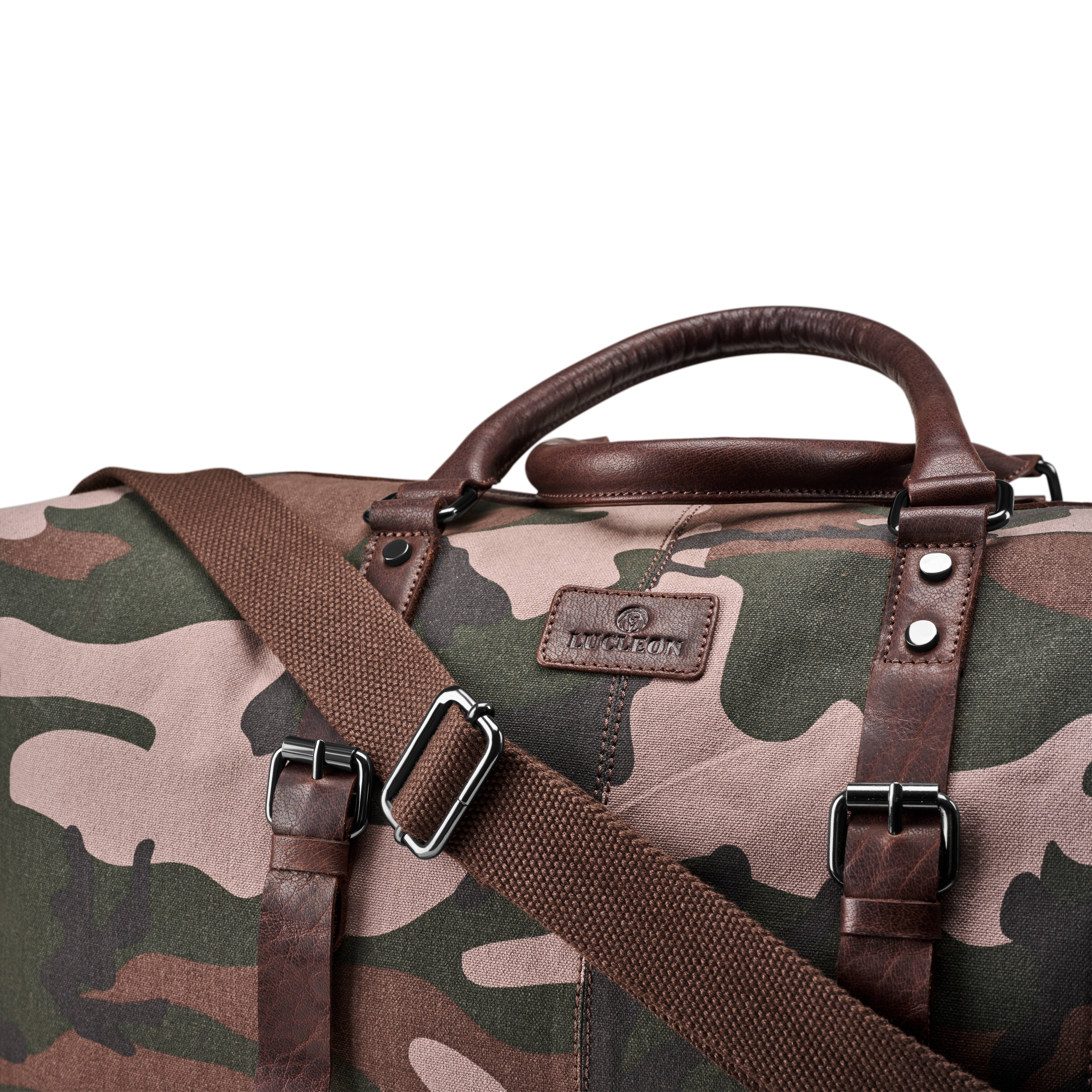 Reisetasche aus Canvas und Büffelleder mit Blattmuster und Camouflage-Muster - 4