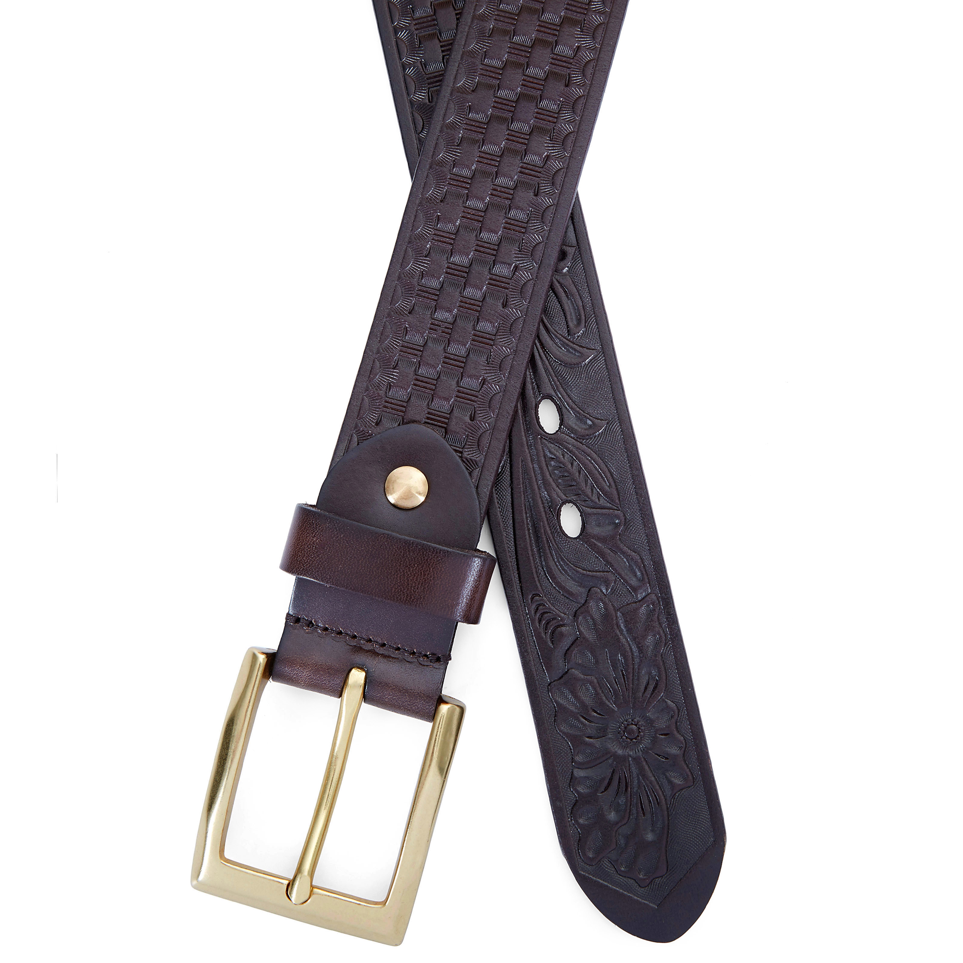 Mørkebrunt Bælte m. Blomstret Mønster - 3