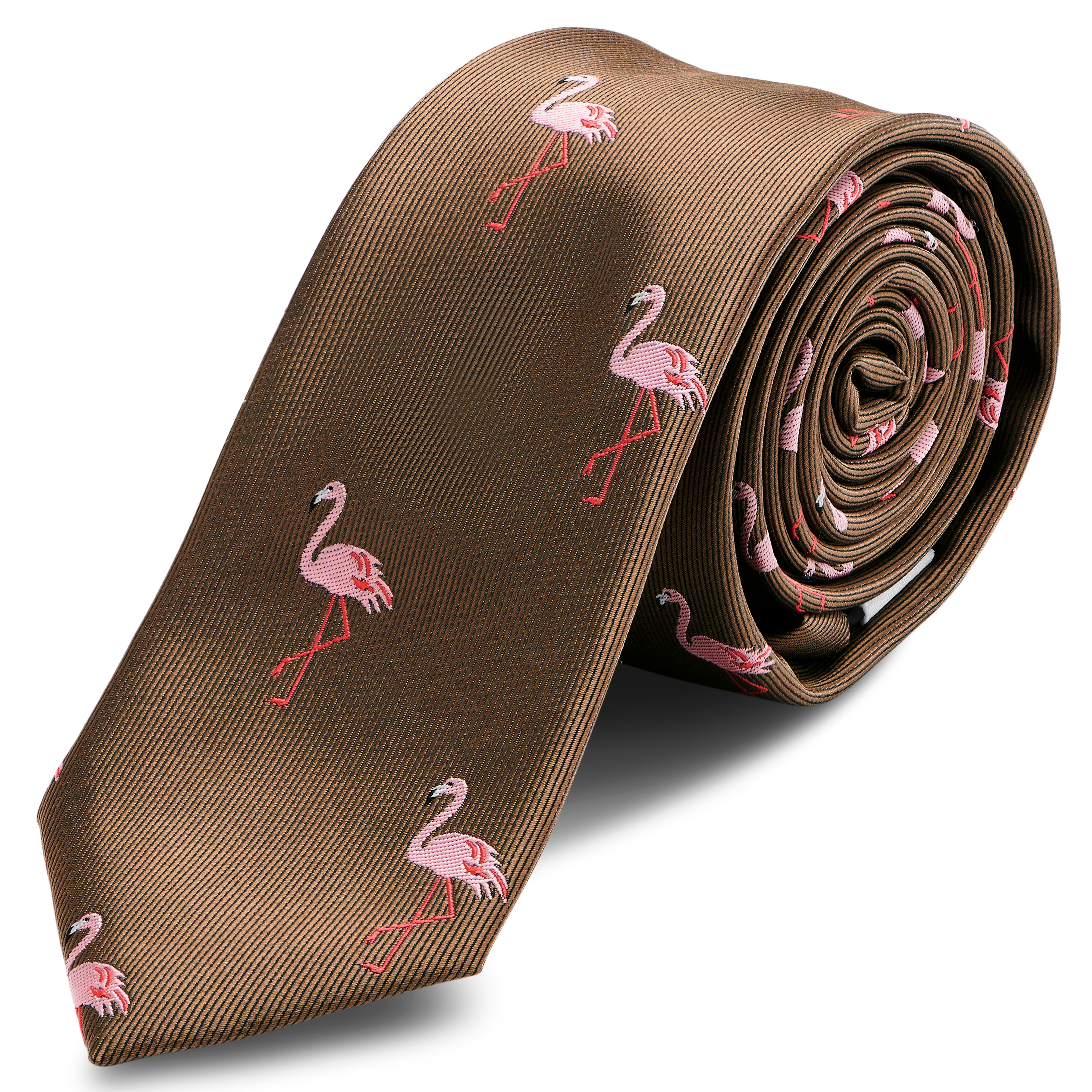 Brązowy wąski krawat w różowe flamingi