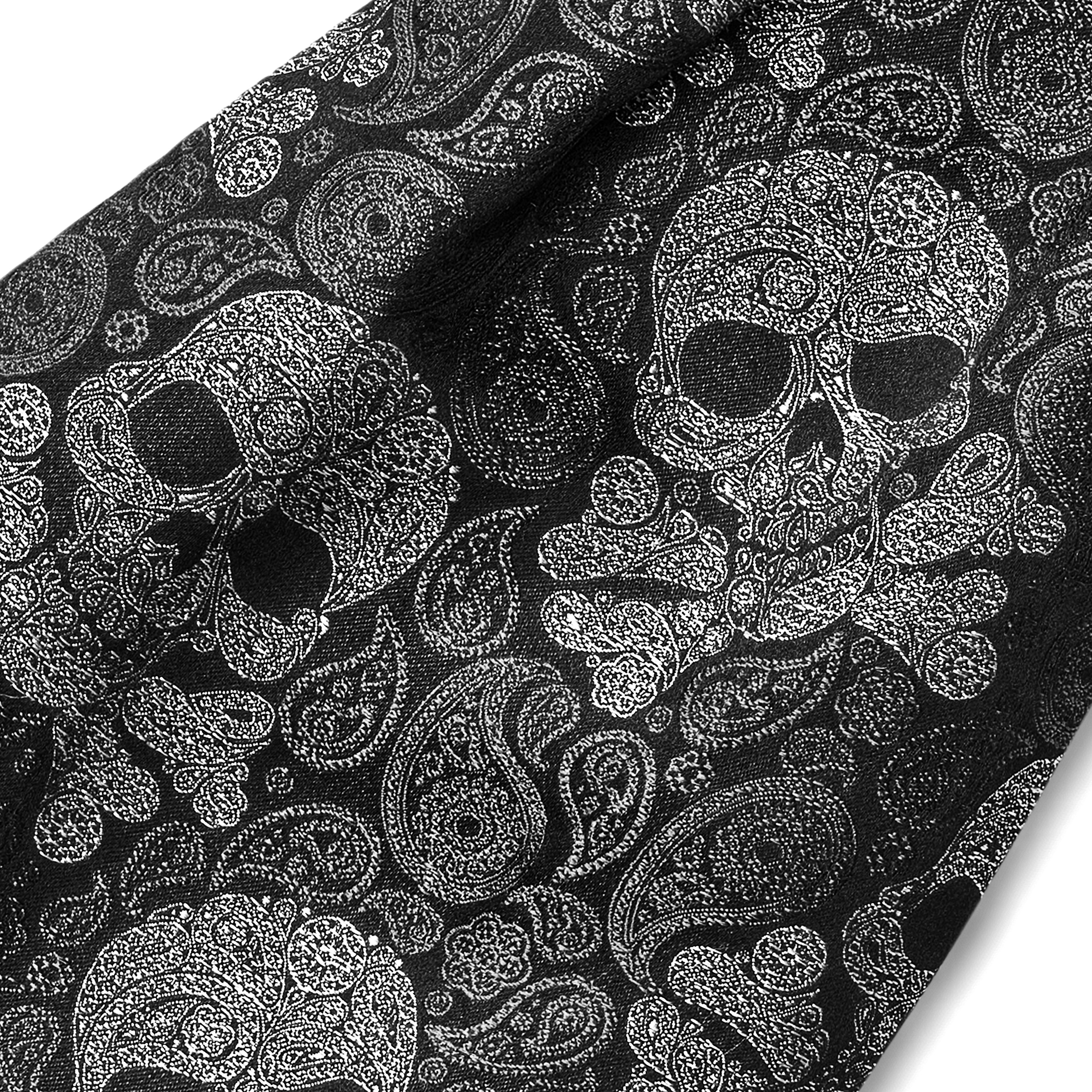 Hodvábny kravatový šál so vzorom paisley a lebkami v čiernej a sivej farbe - 5