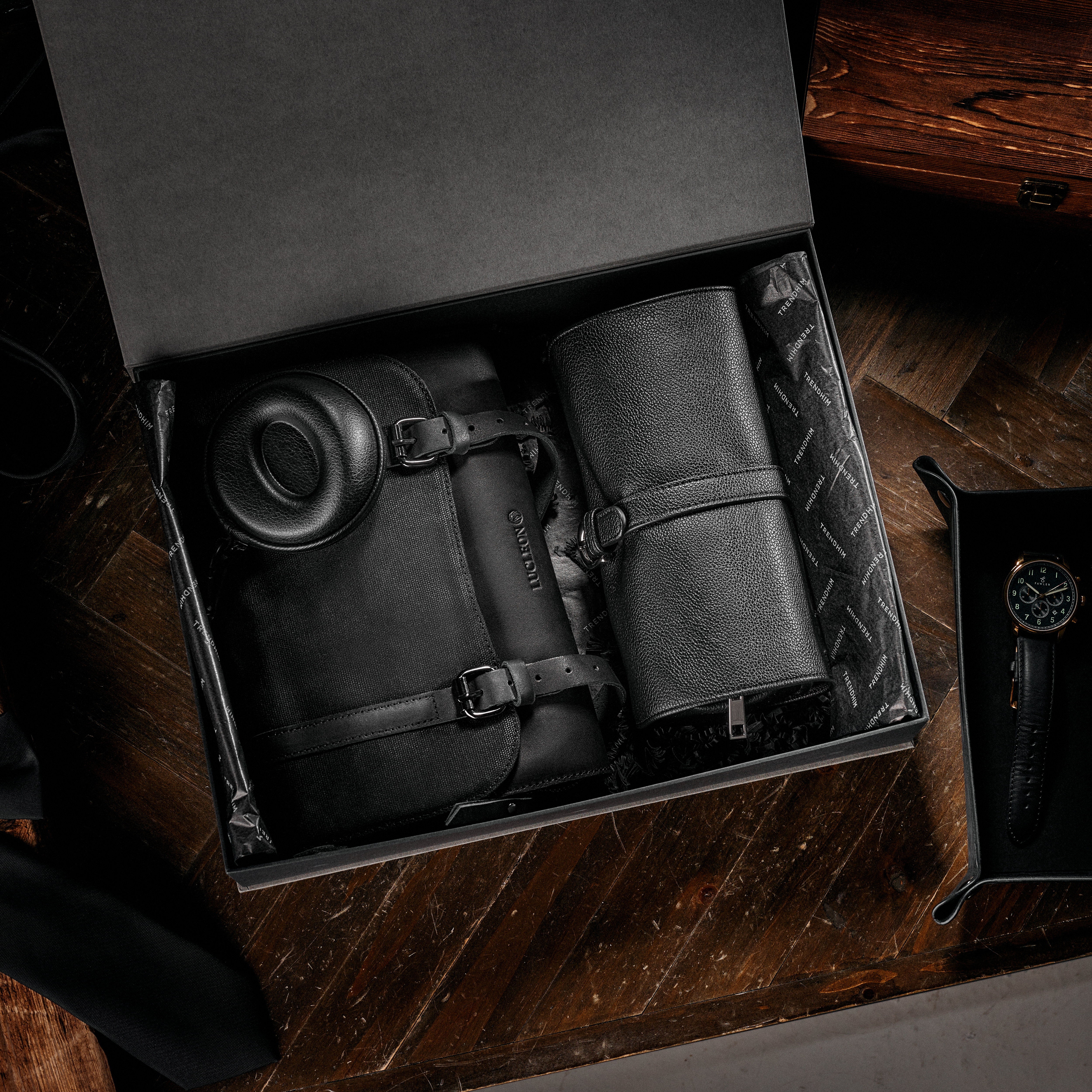 Coffret-cadeau organisateur de voyage de luxe | Cuir noir et toile - 2