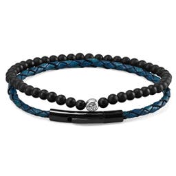 Navy Blue Leather & Black Stone Bracelet Set