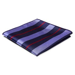 Тъмносиня копринена кърпичка за сако на пастелносини и червени райета