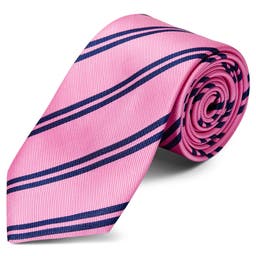 Cravate en soie rose à rayures bleu marine - 8 cm