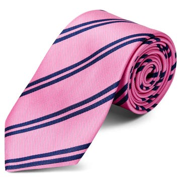 Růžová hedvábná kravata s dvojitým navy modrým proužkem 8 cm