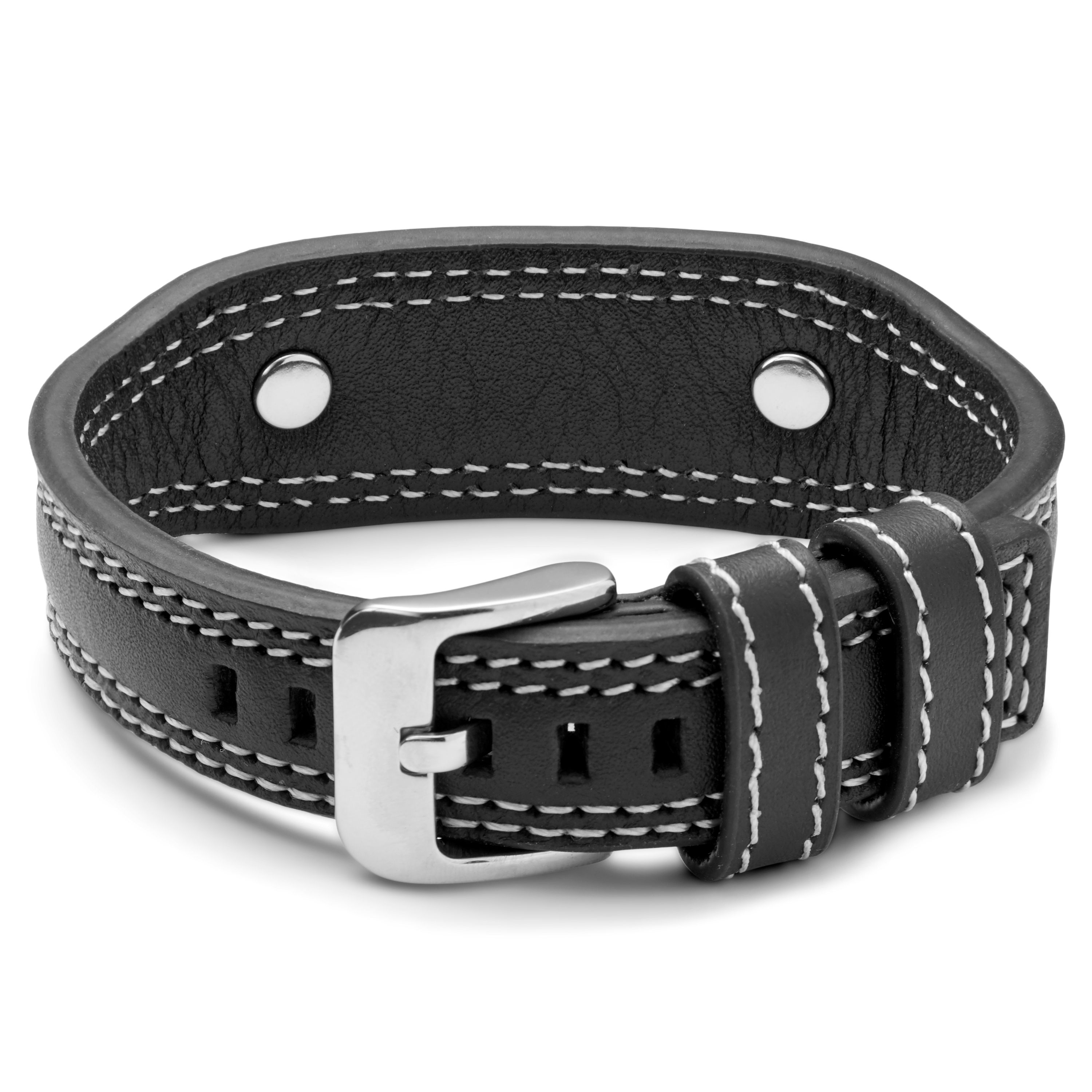 Black Leather & Silver-Tone Steel ID Bracelet - 2