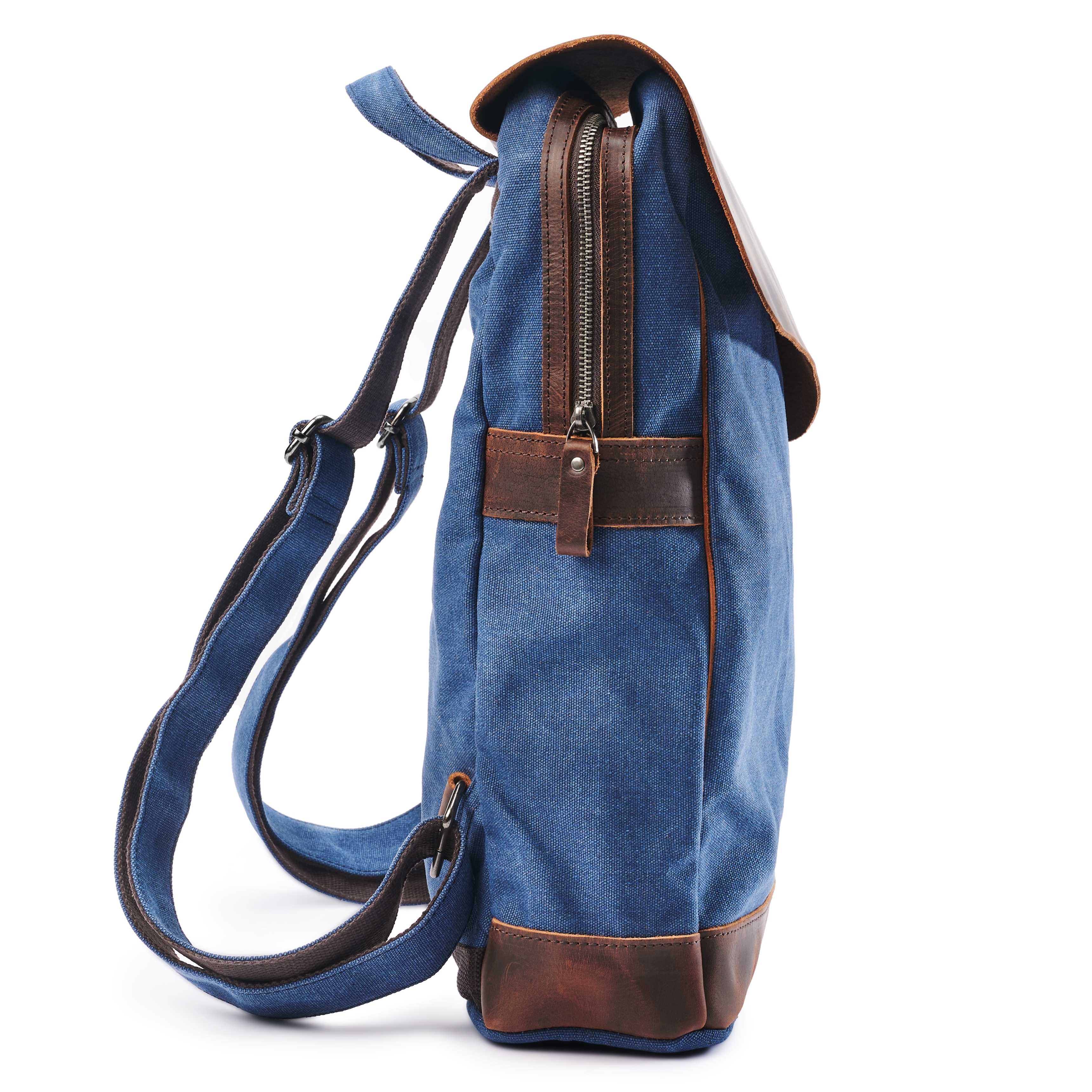 Plátený ruksak v retro štýle v námorníckej modrej farbe s tmavými koženými detailmi - 4