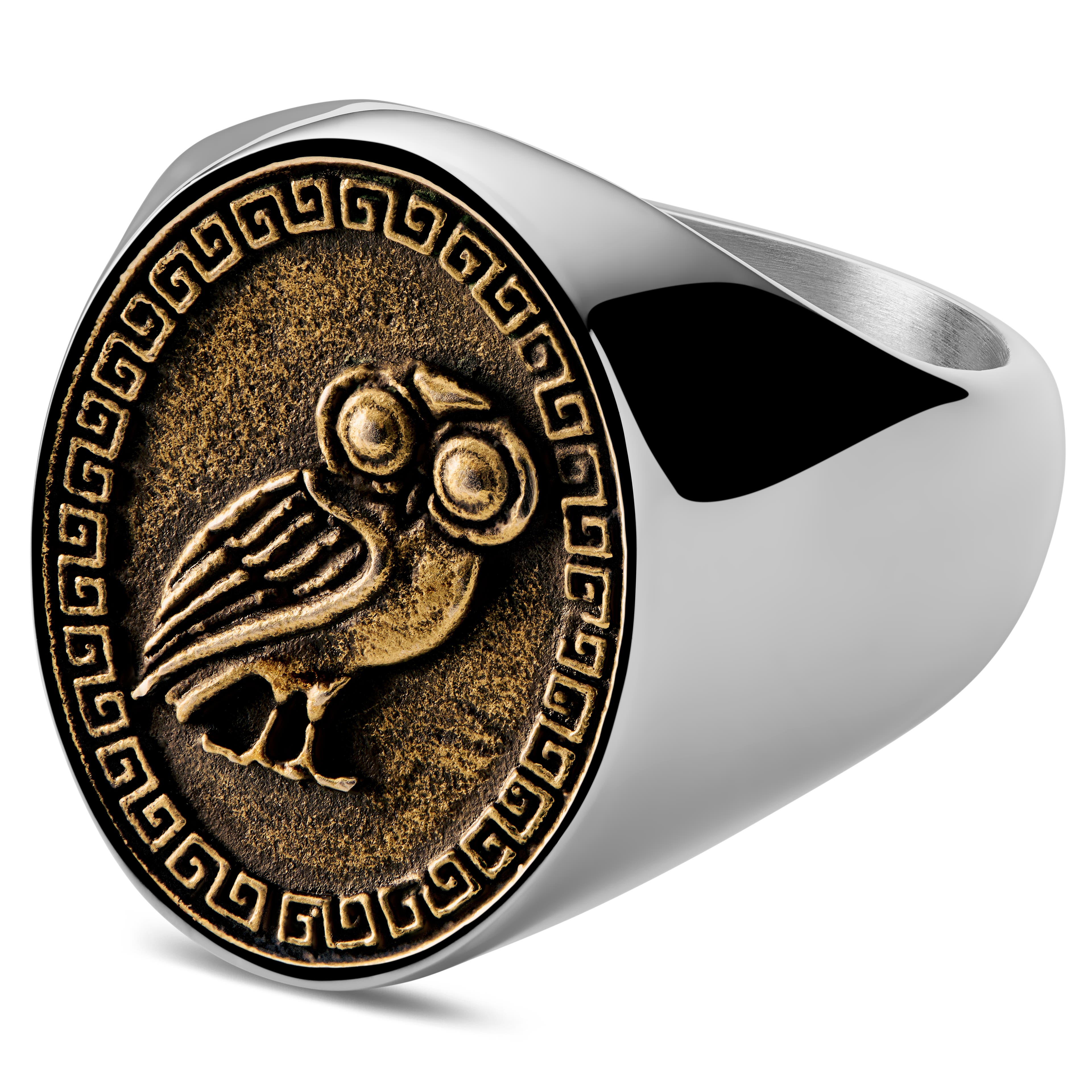 Silver-Tone Stainless Steel With Gold-Tone Owl Of Athena Signet Ring