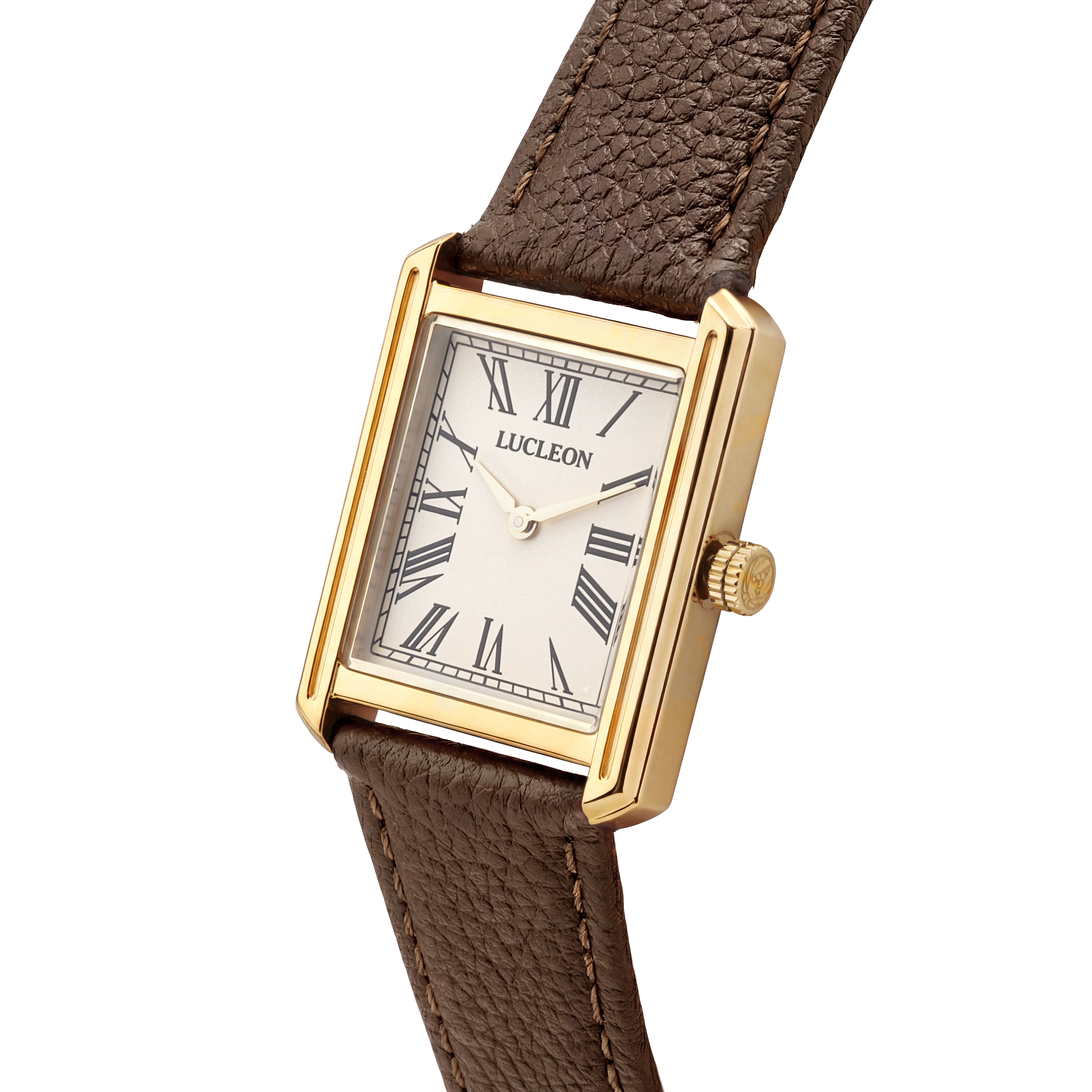 Legacy | Retro Guldtonet Firkantet Ur med Cremefarvet Urskive, Romertal & Brun Læderrem - 2
