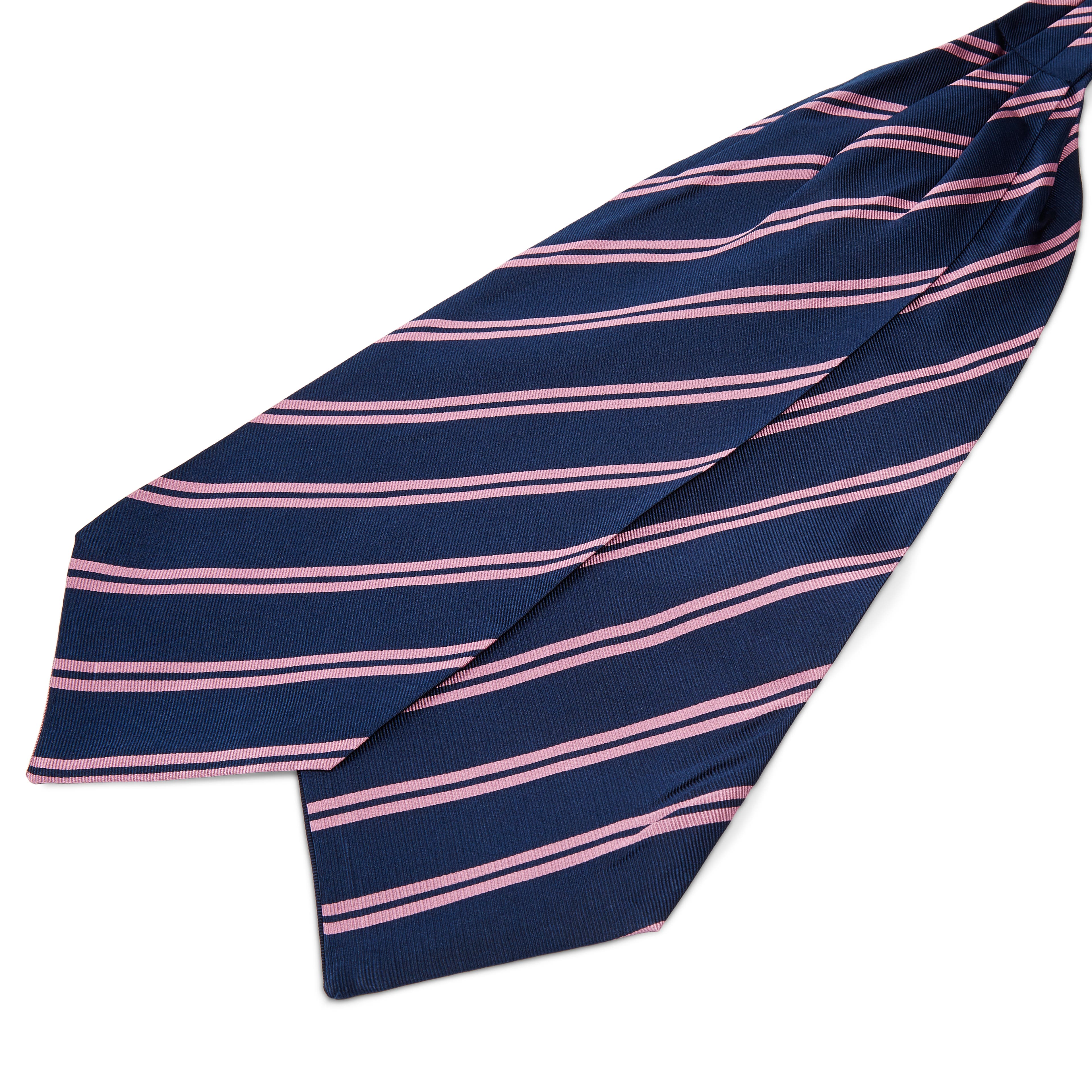 Cravate Ascot en soie bleu marine à rayures roses