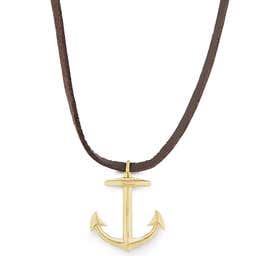 Brown Leather With Gold-Tone Anchor Necklace