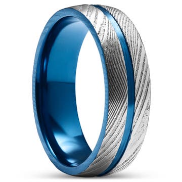 Fortis | 7 mm Blue & Silver-Tone Damascus Steel With Titanium Inlay Grooved Ring