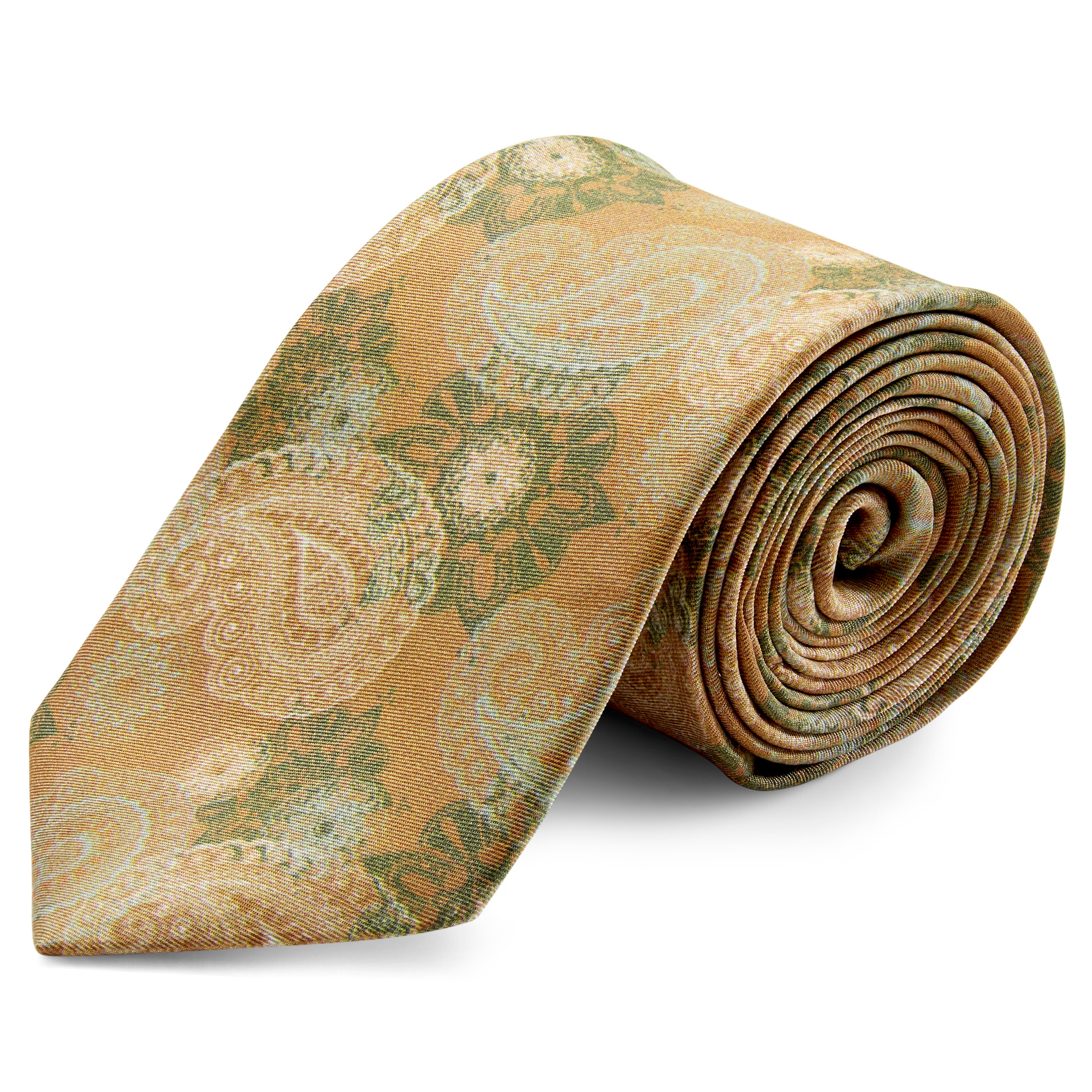 Light Green & Orange Vintage Print Silk Tie