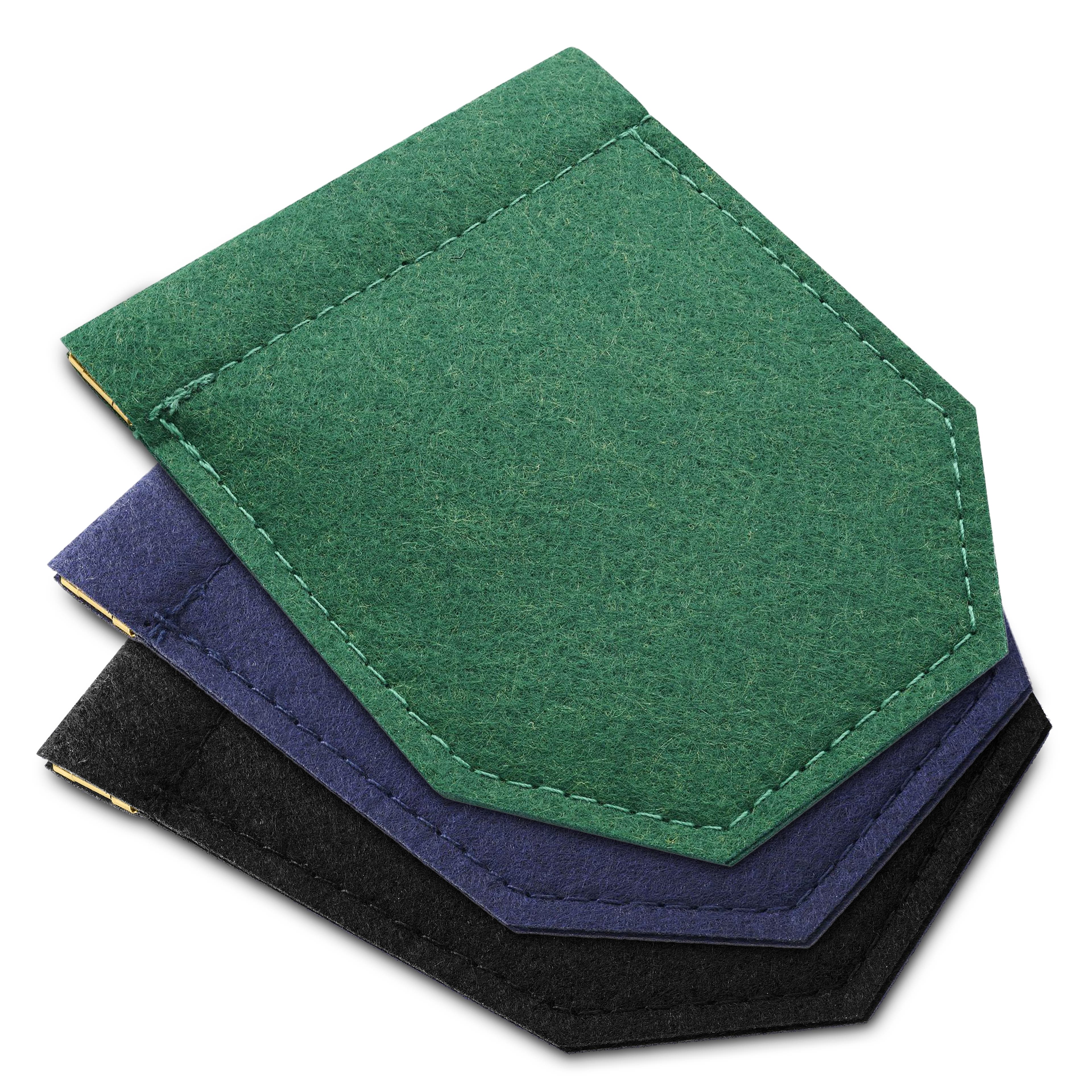 Musta, vihreä ja laivastonsininen taskuliinan pidikesetti