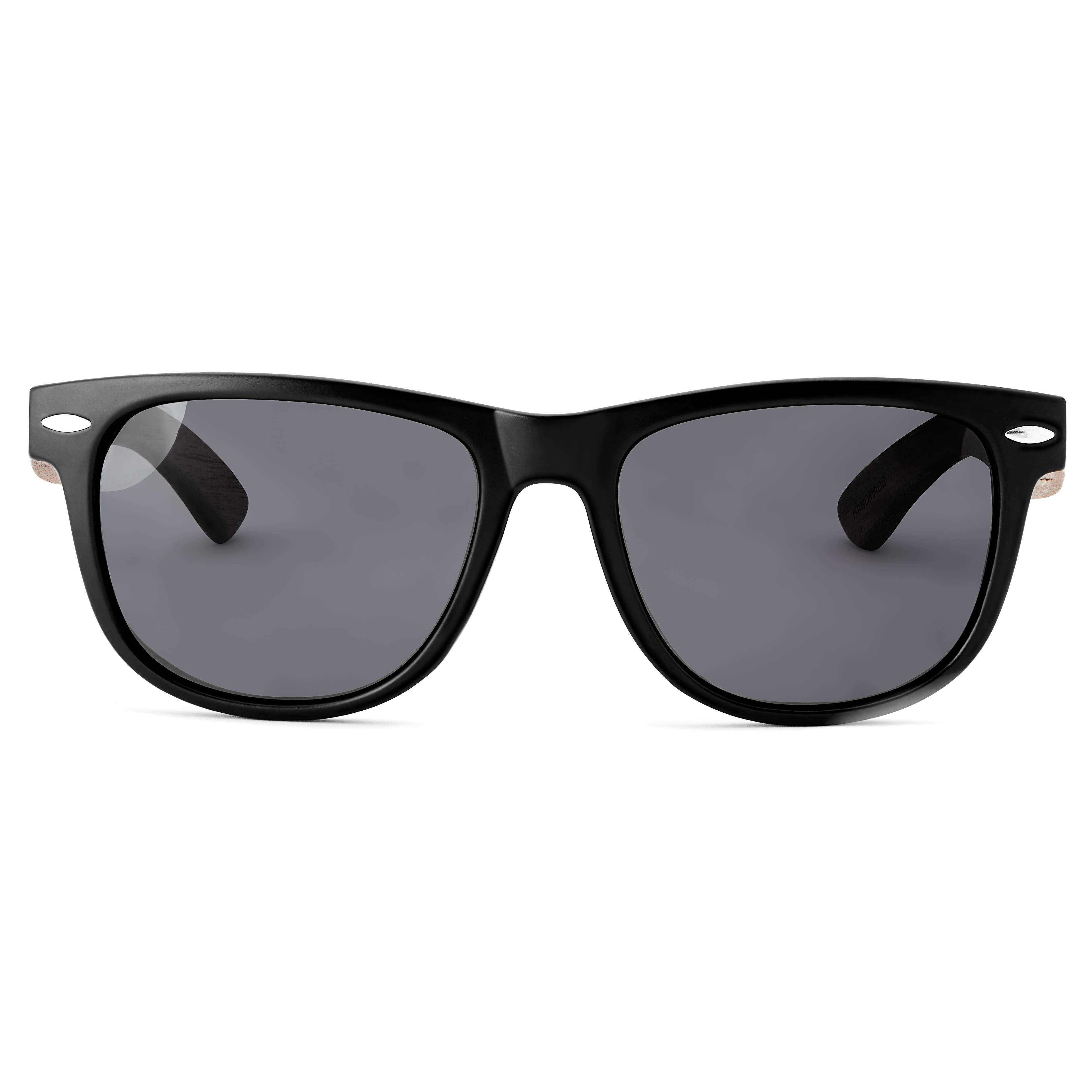 Black Retro Polarised Sunglasses With Wood Temples