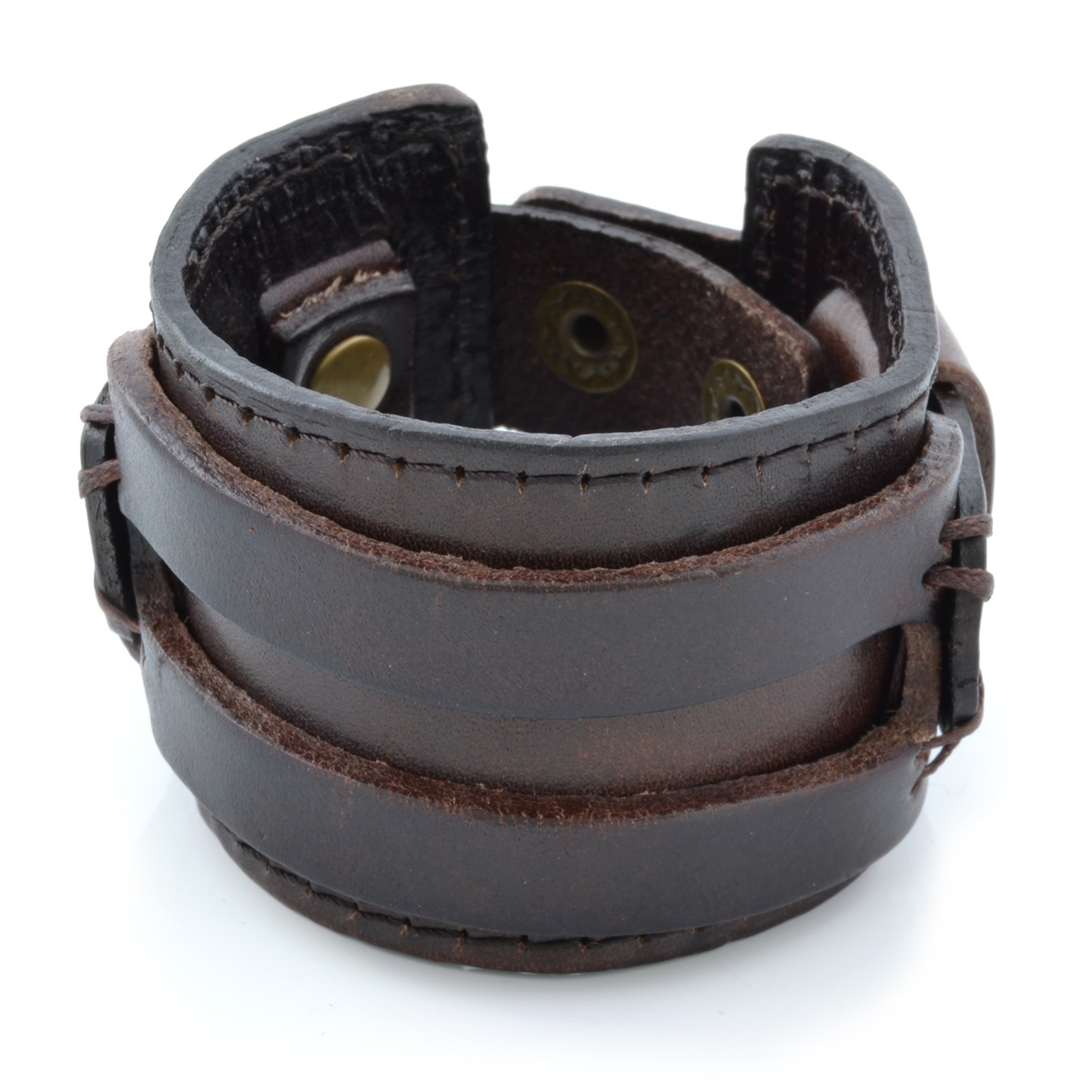 Wide Brown 2-Striped Leather Bracelet
