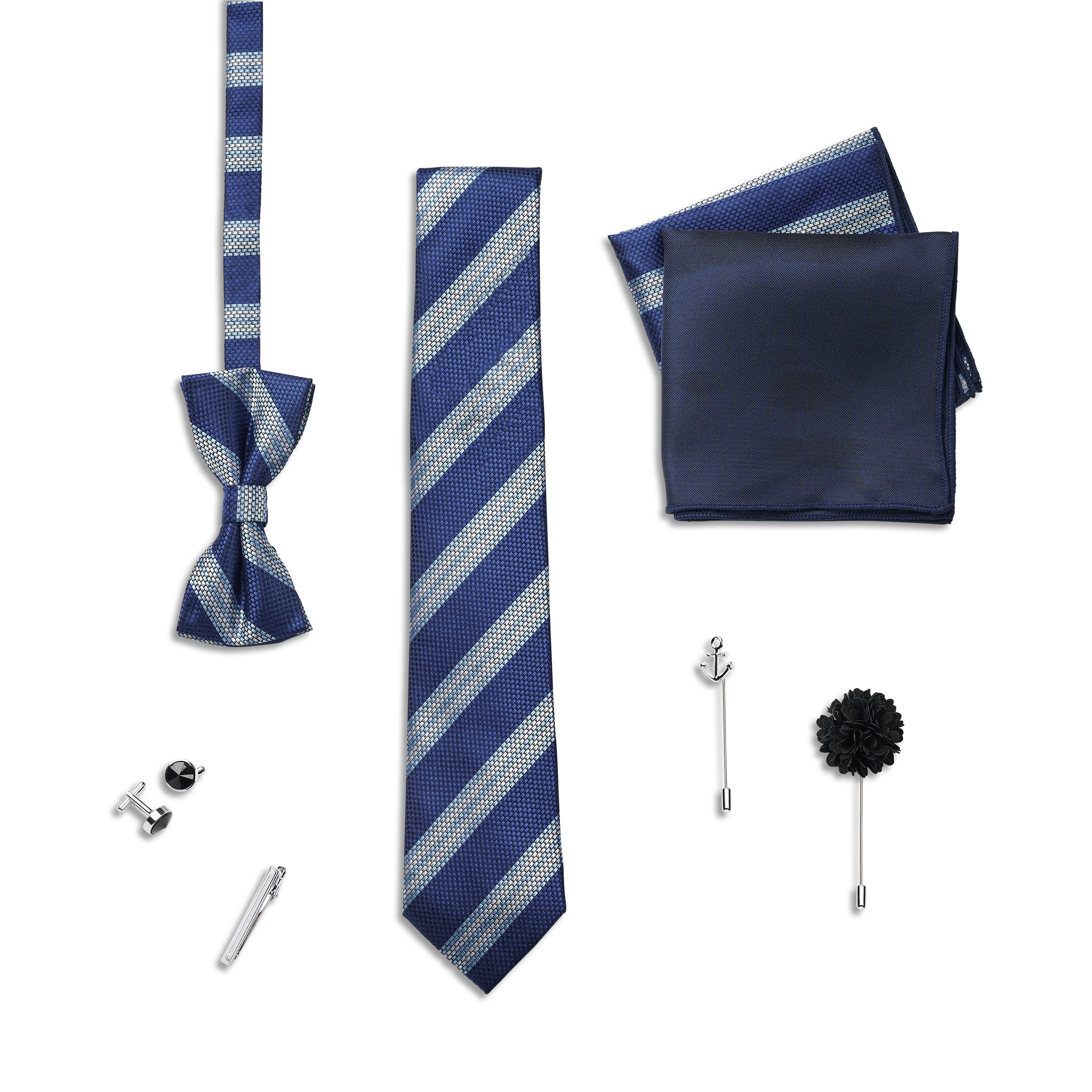 Coffret-cadeau d'accessoires de costume | Set argenté rayé de bleu - 4