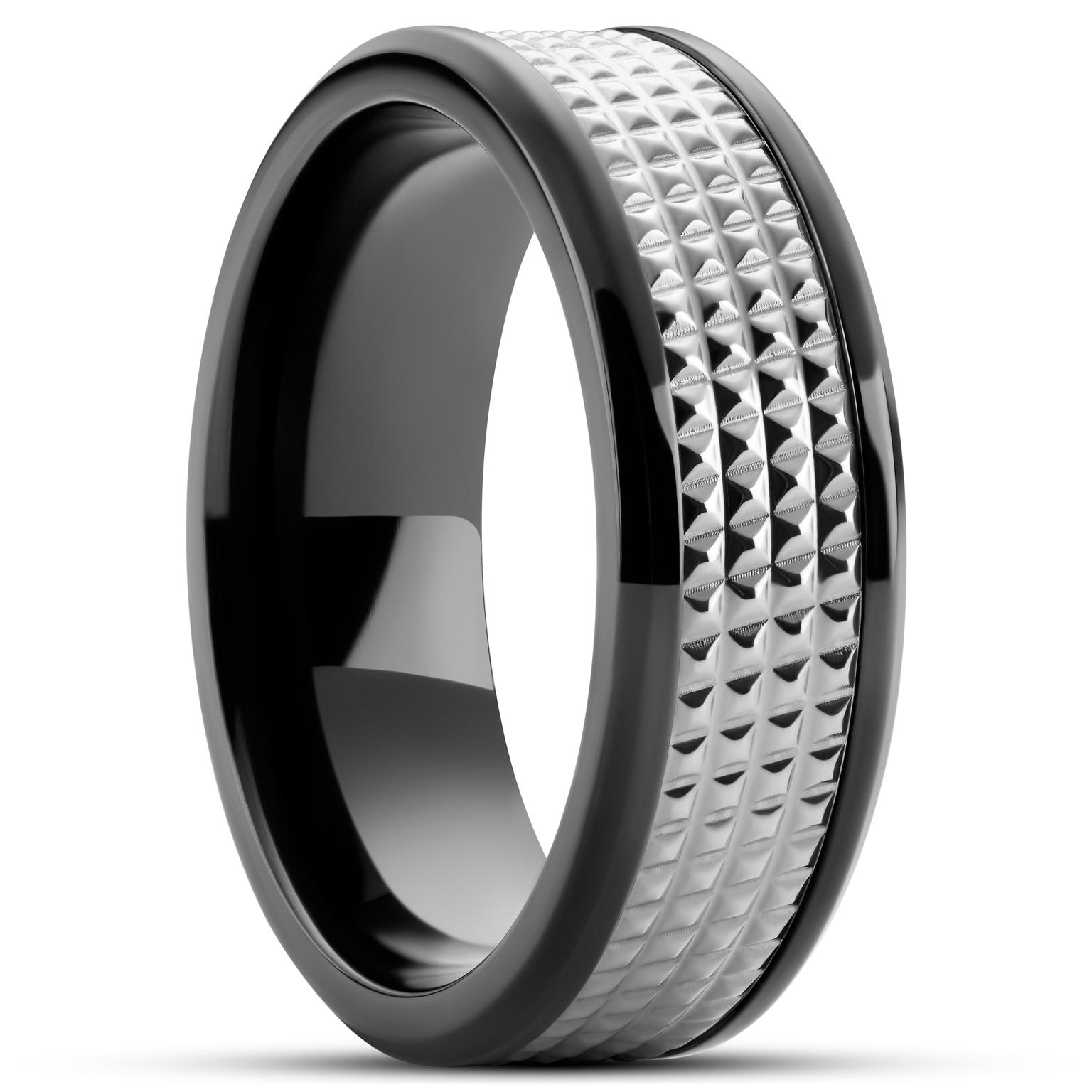 Hyperan | 8mm ブラック チタンリング シルバー調 ダイヤモンドパターン付き Hyperan | 8mm ブラック チタンリング シルバー調 ダイヤモンドパターン付き