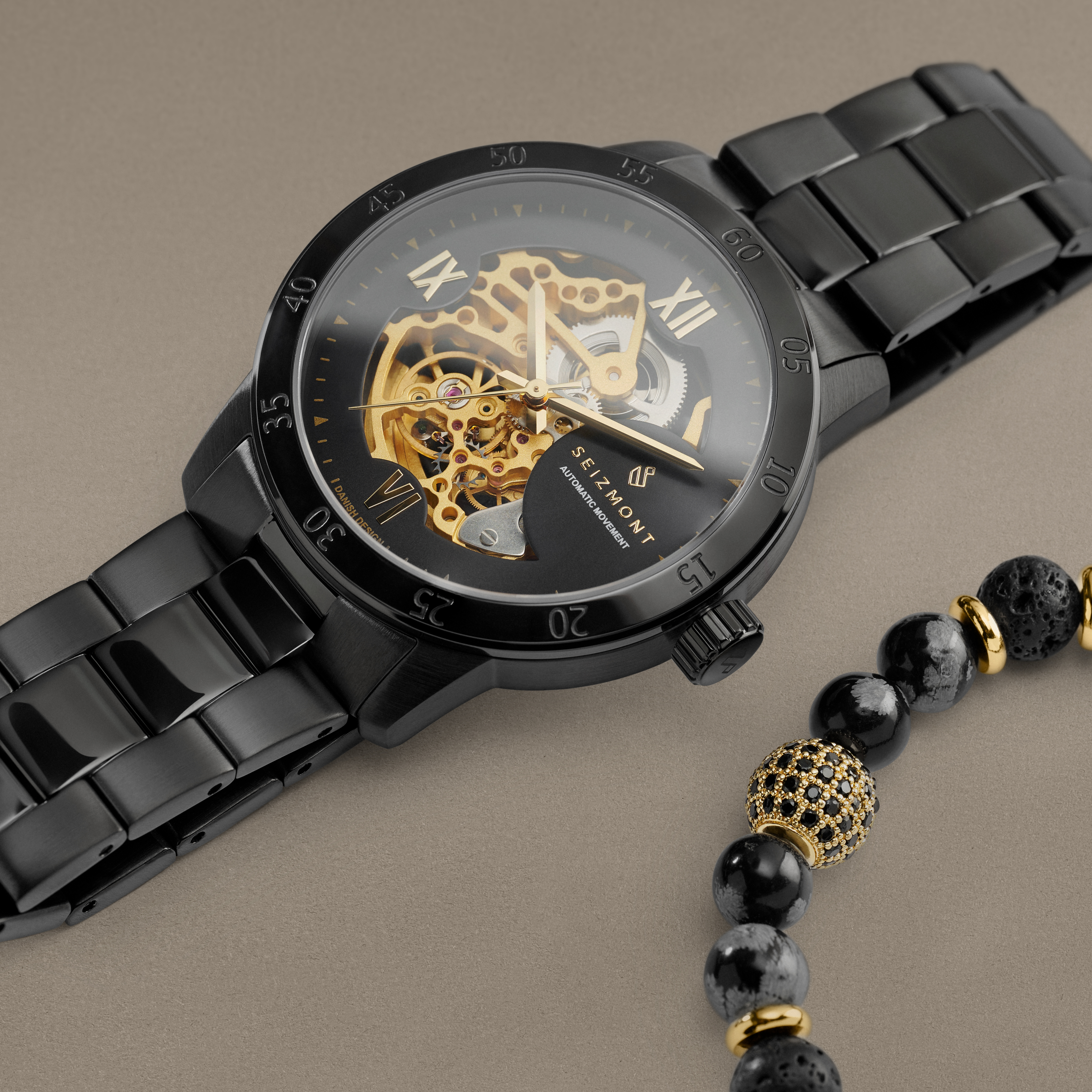 Sort & Guldfarvet Automatisk Skelet Ur og Lavasten & Alabast Armbånd Gaveæske - 4