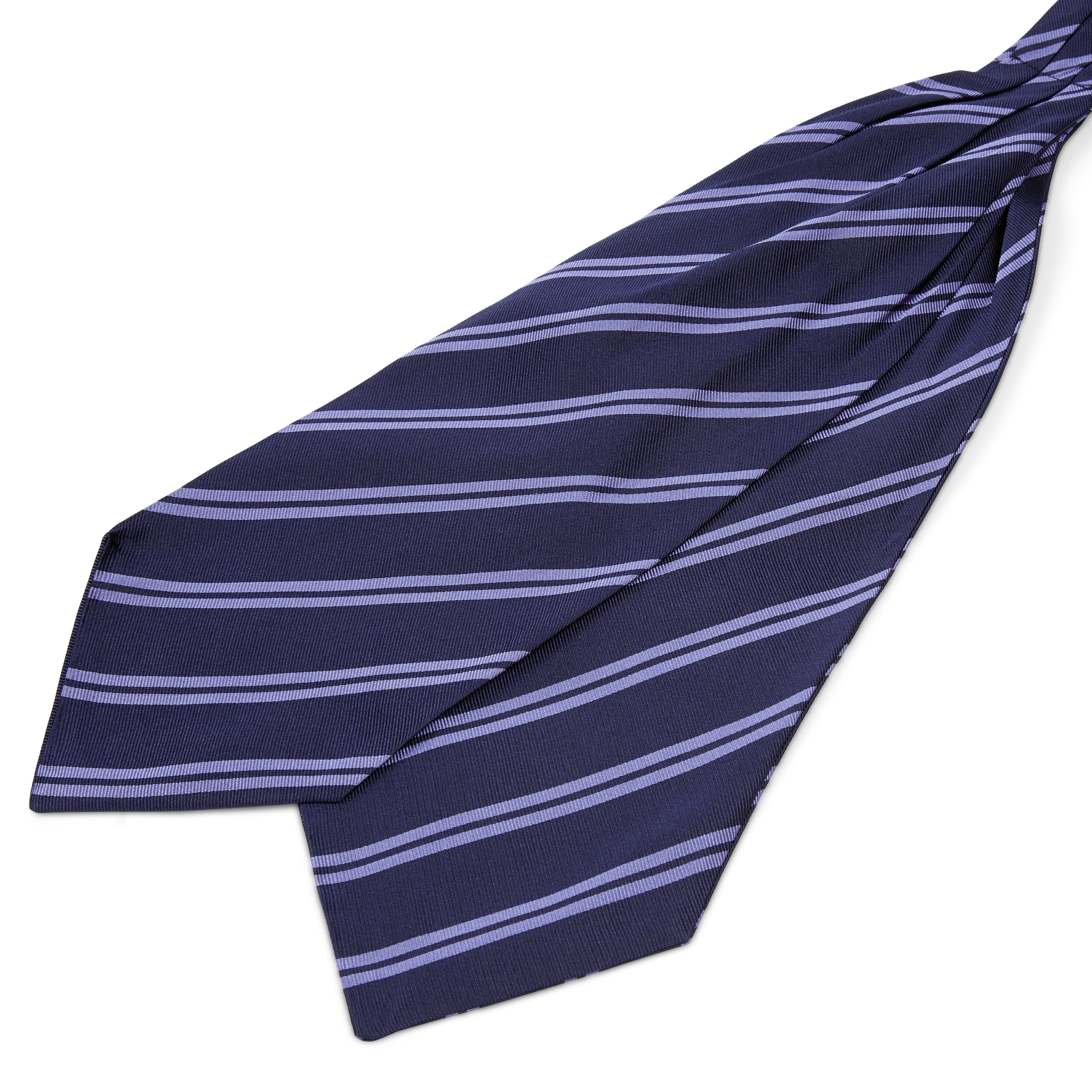 Hodvábny tmavomodrý kravatový šál s pastelovo modrými dvojitými pruhmi
