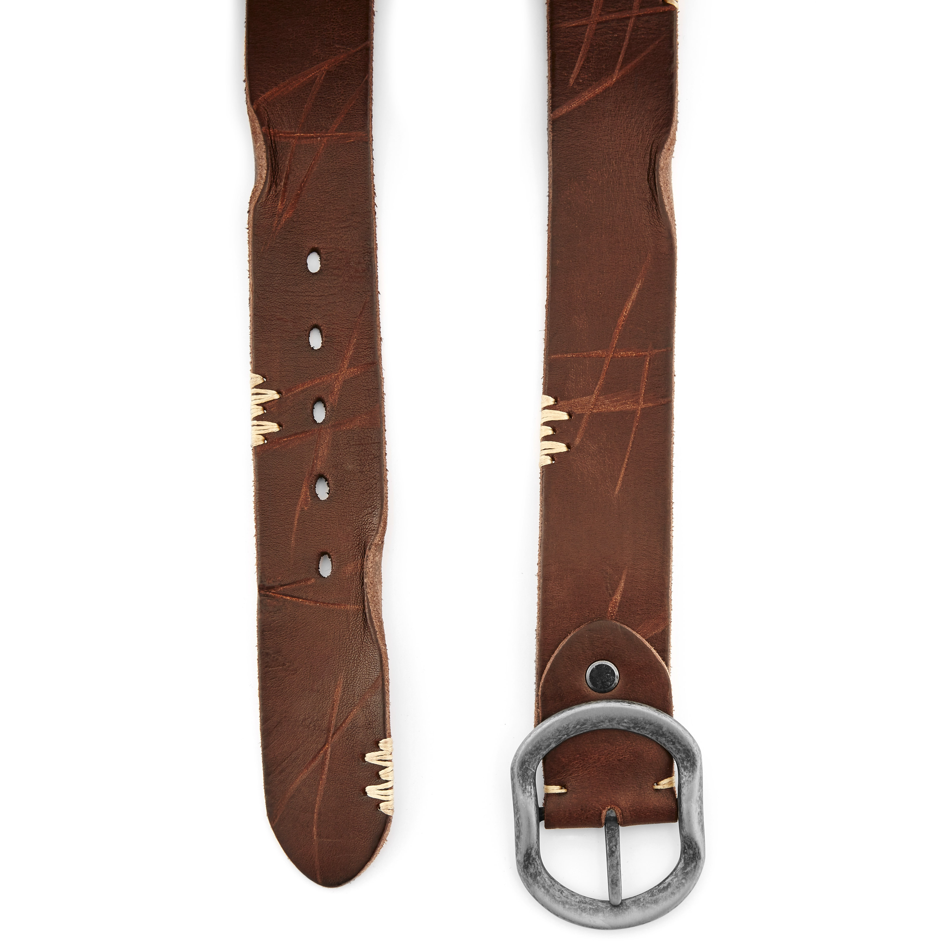 Oval Buckle Brown Leather Belt - 2