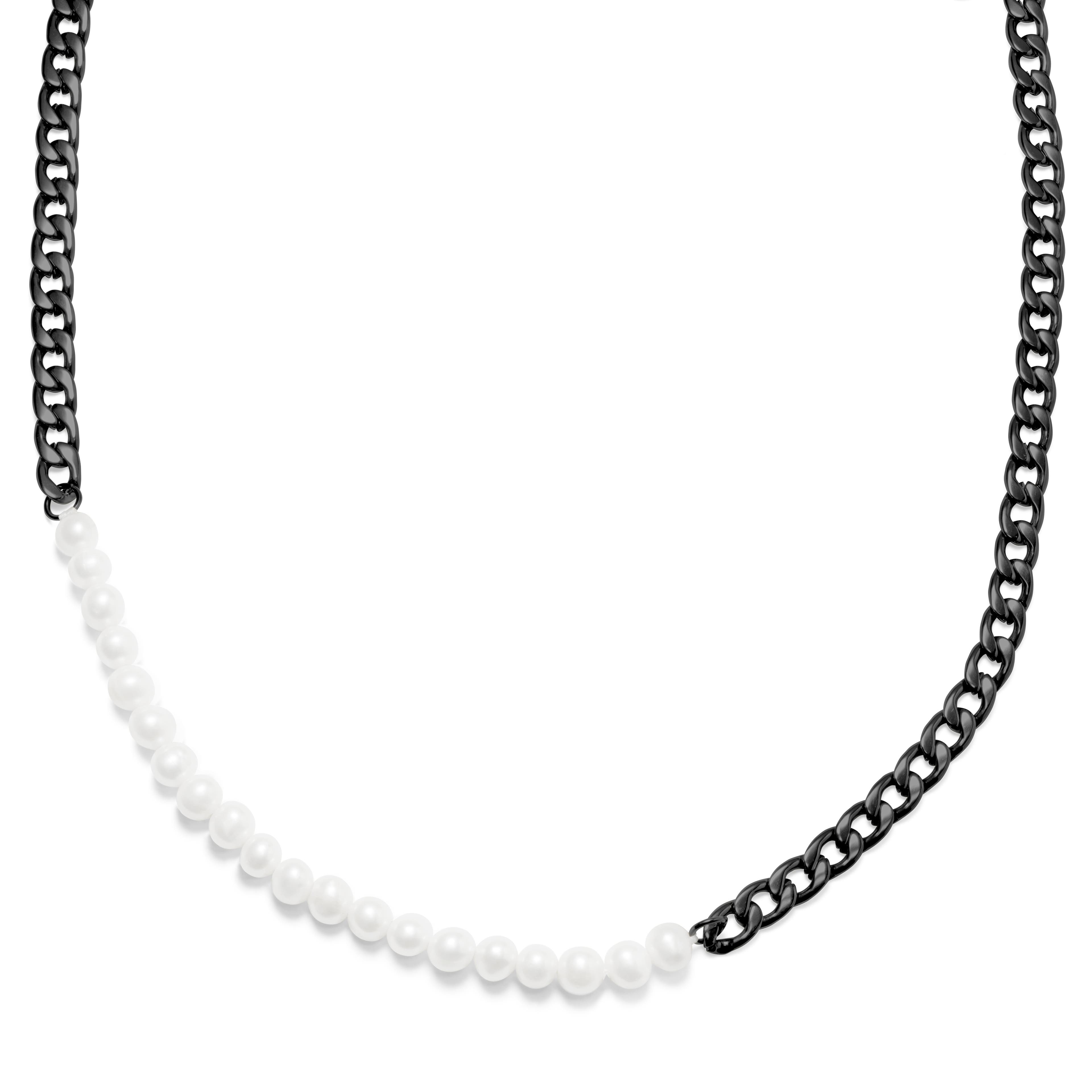Amager | 7 mm Gunmetal Stainless Steel & White Pearl Curb Chain Necklace