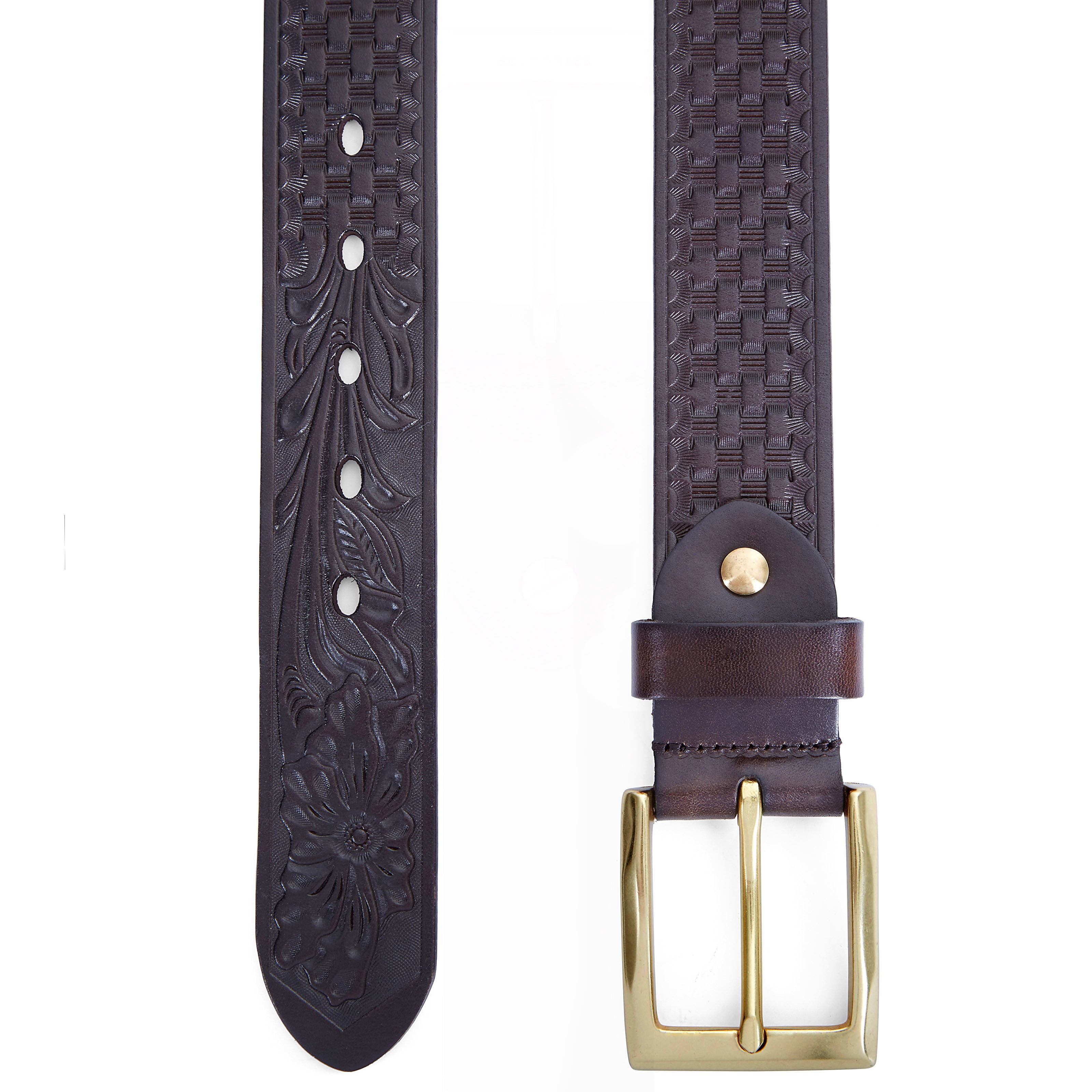 Mørkebrunt Bælte m. Blomstret Mønster - 2