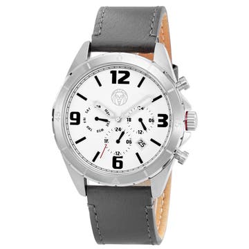 Alton | Silver-Tone Chronograph Watch With White Dial & Gunmetal Leather Strap