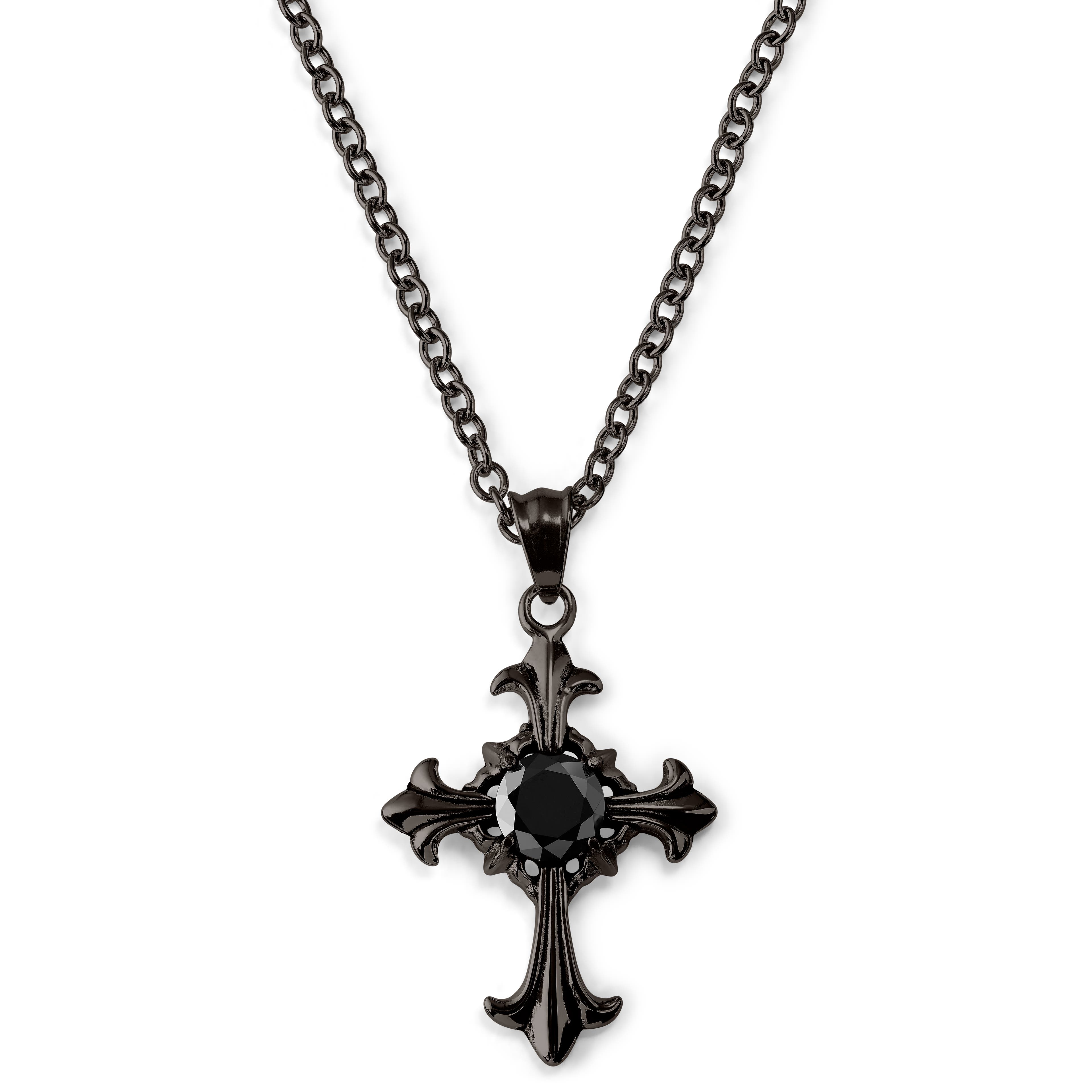 Náhrdelník s gotickým krížom v tmavosivej farbe 