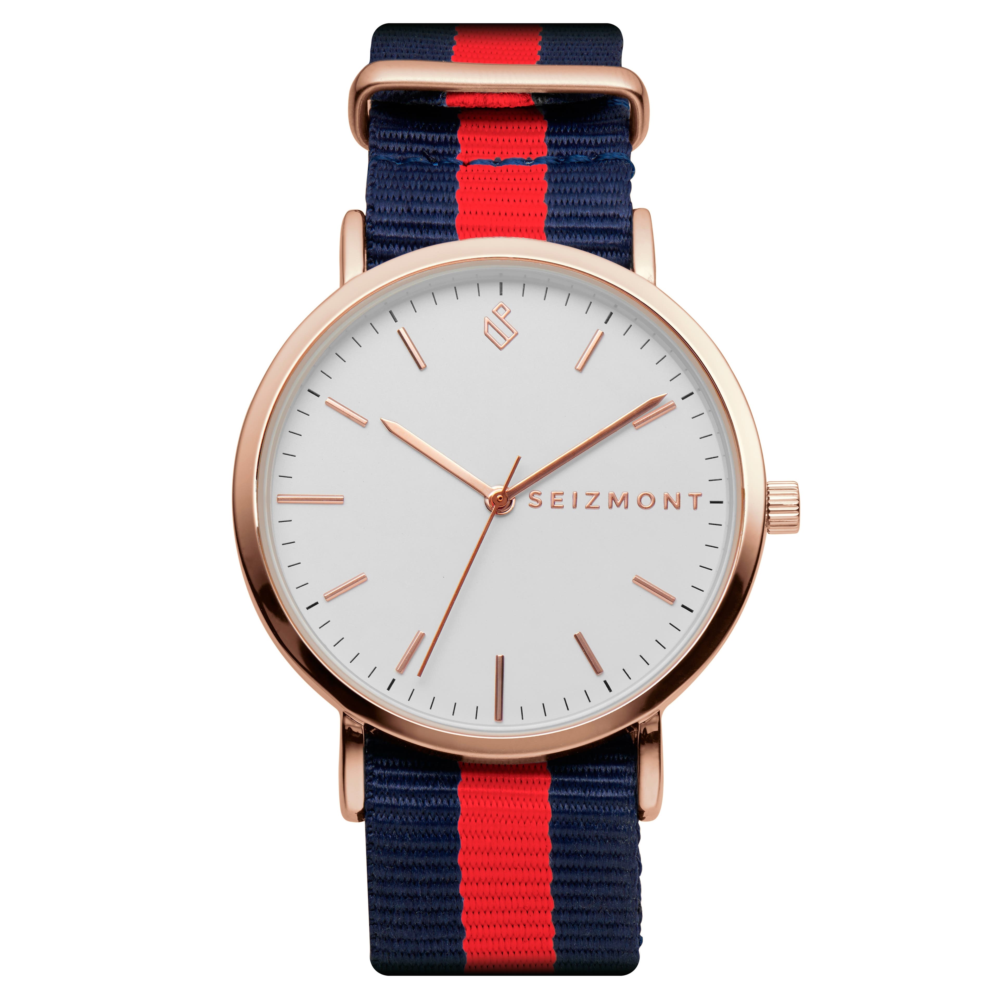 Moment | Rose Gold-Tone Minimalist Dress Watch With White Dial & Blue & Red Striped Nylon Strap