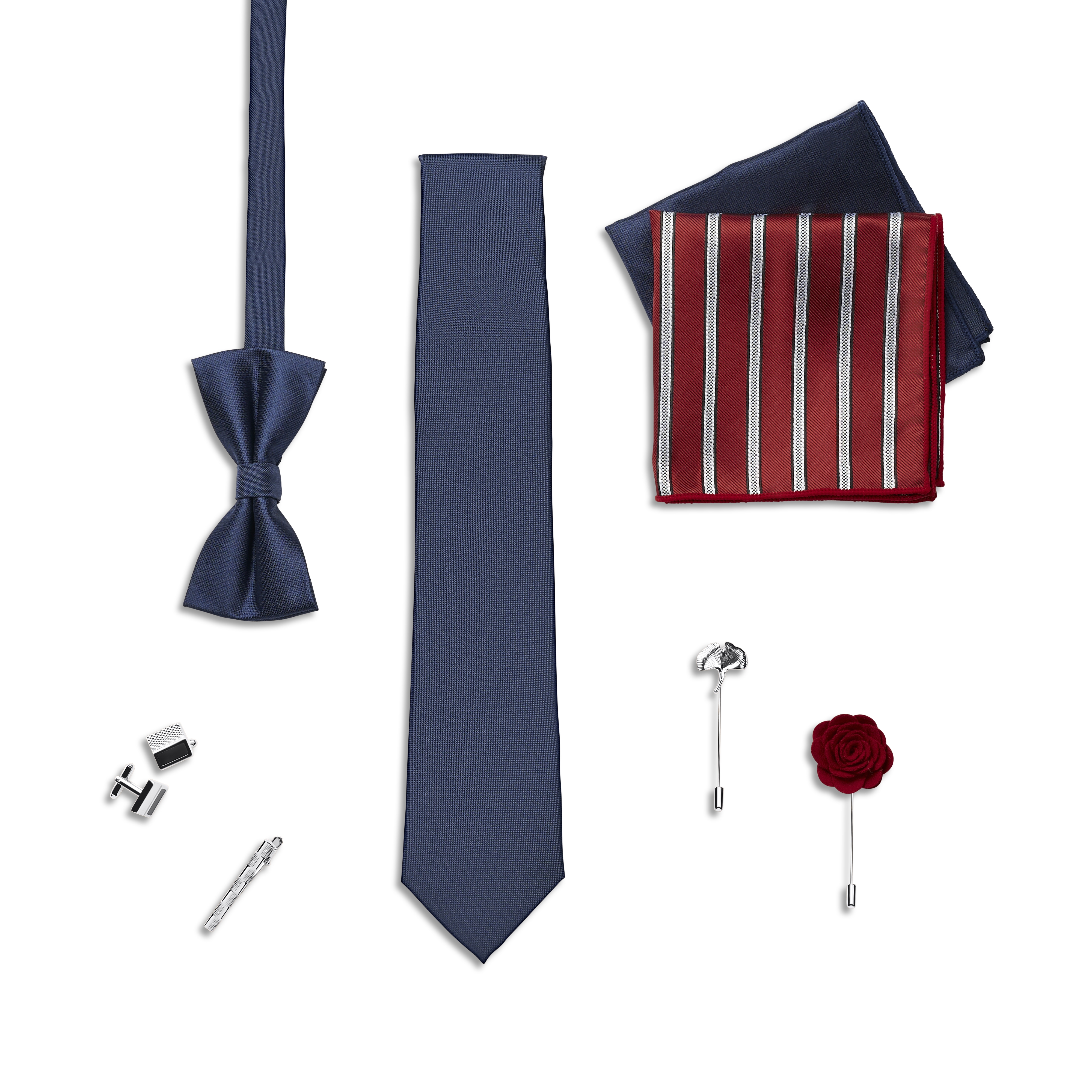 Suit Accessory Gift Box | Navy Blue, Red & Silver-Tone Set - 4