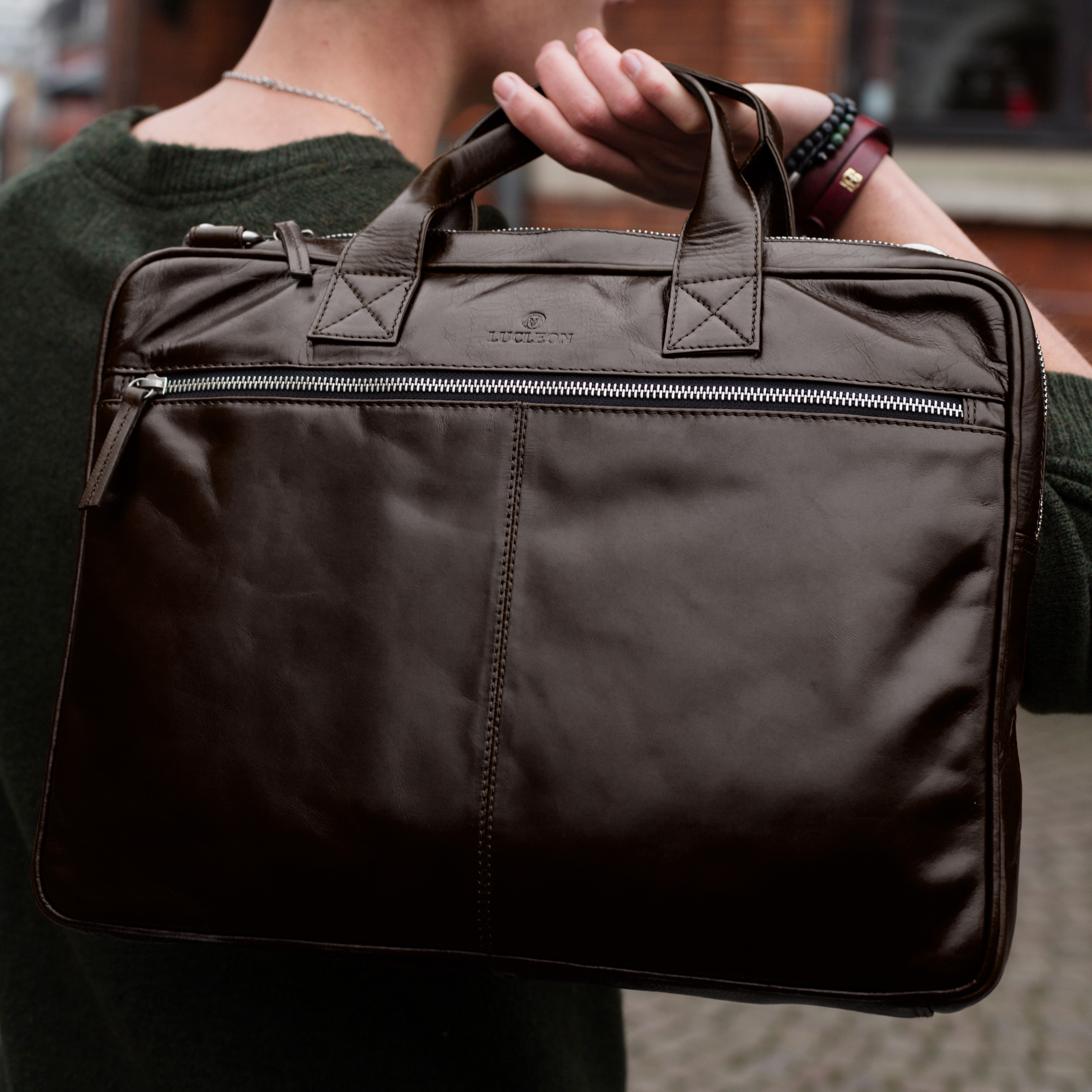 Dunkelbraune Schlanke Jasper Leder Laptoptasche Mit Reißverschluss - 13