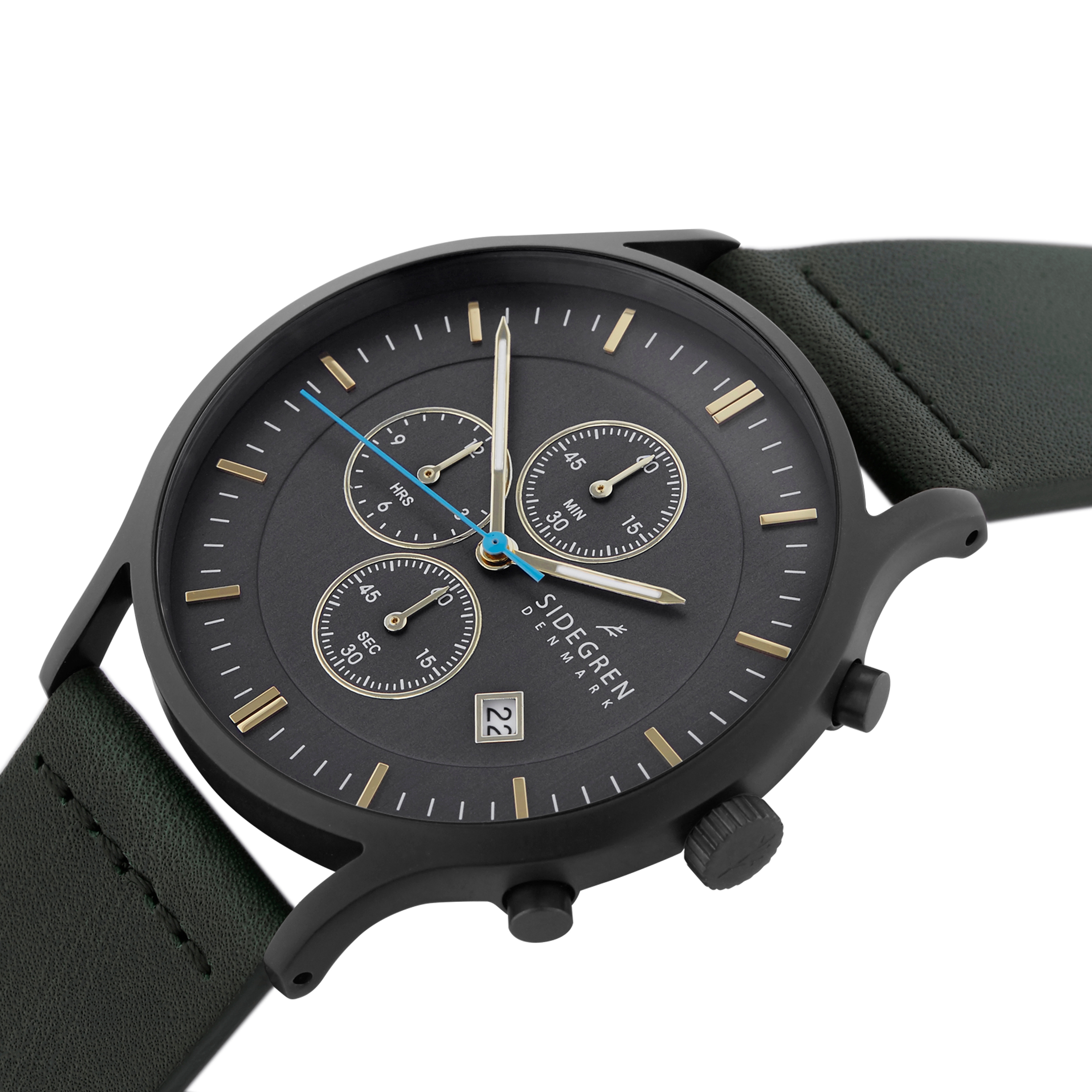 Revil | Black Chronograph Watch With Black Dial, Pale Yellow Details & Olive Green Leather Strap - 2